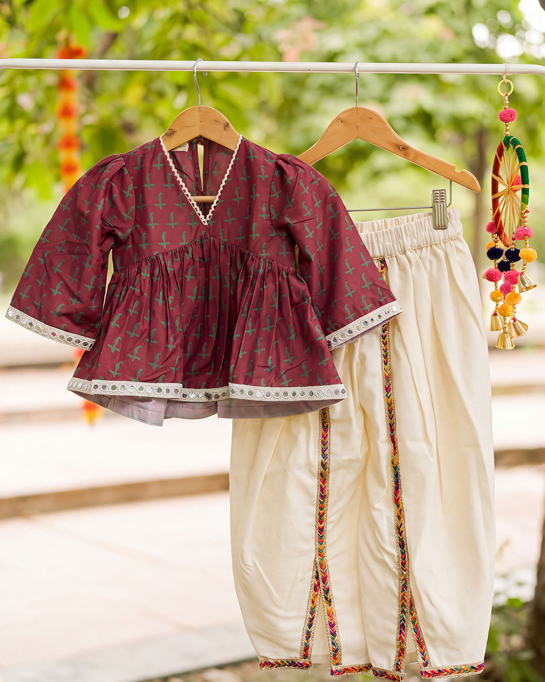 Wine Printed Girls Top off-White Dhoti Set