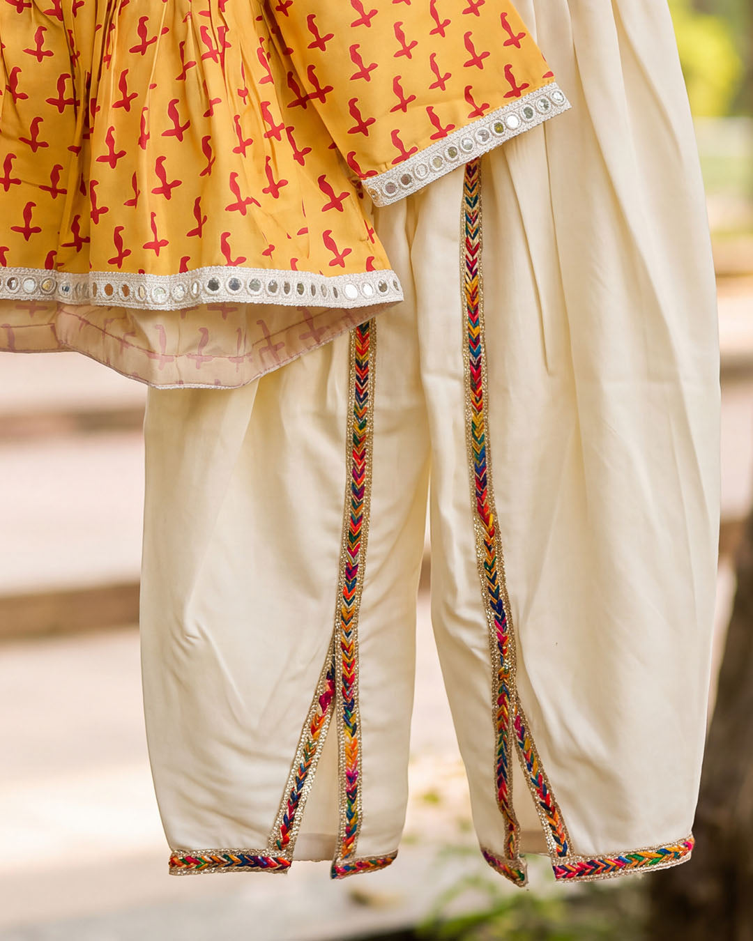 Mustard Yellow Printed Girls Top with Ivory Dhoti Pants Set