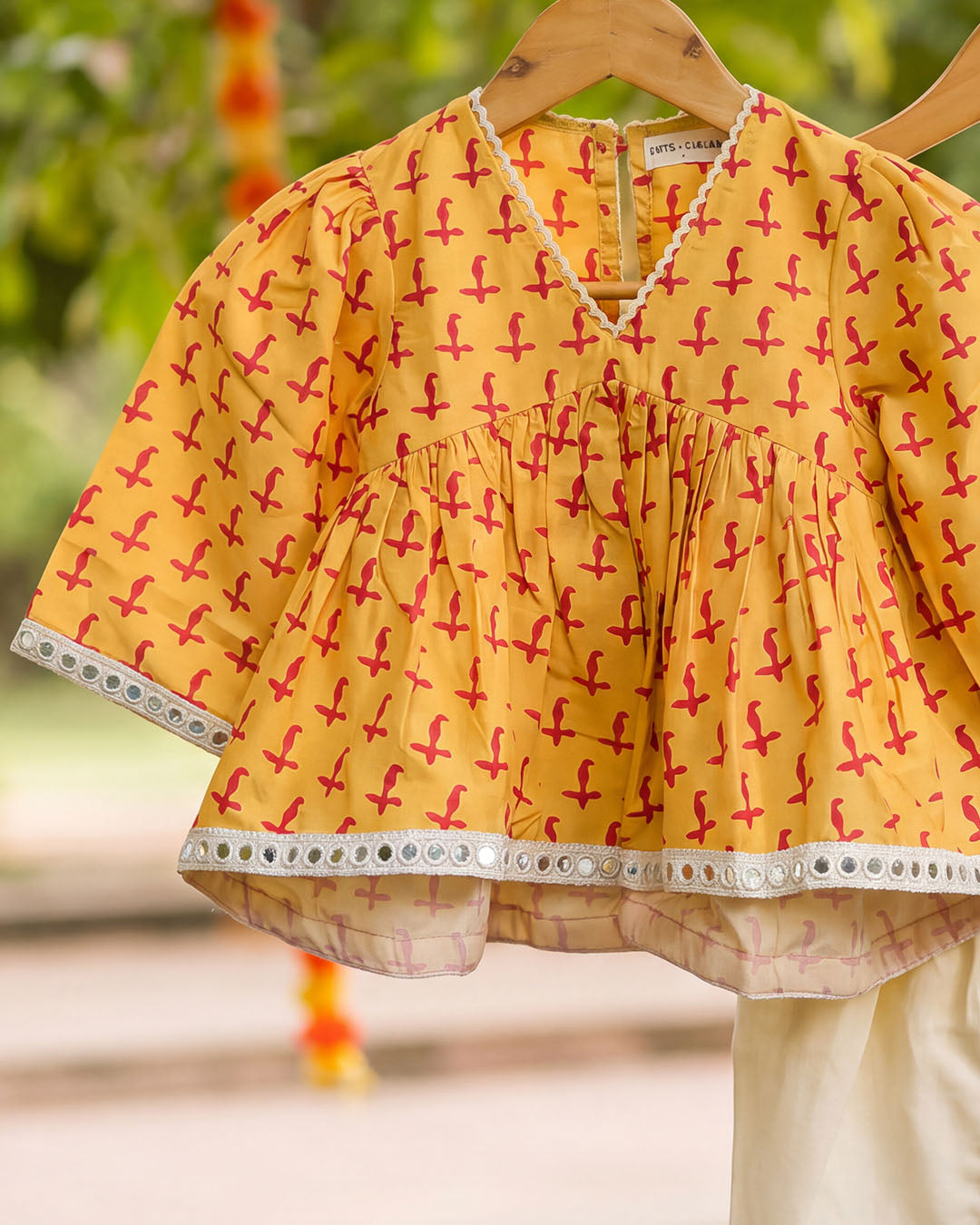 Mustard Yellow Printed Girls Top with Ivory Dhoti Pants Set
