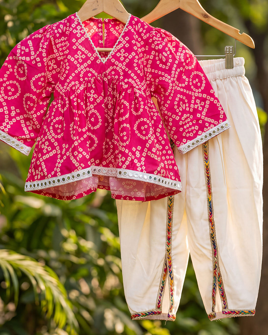 Fuchsia Pink Bandhani Print Girls Top with Ivory Dhoti Pants Set