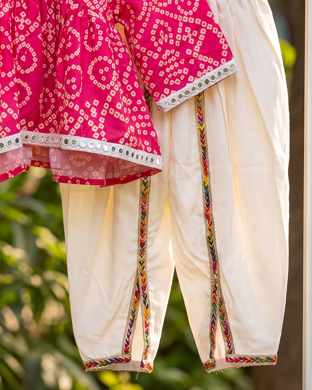 Fuchsia Pink Bandhani Print Girls Top with Ivory Dhoti Pants Set