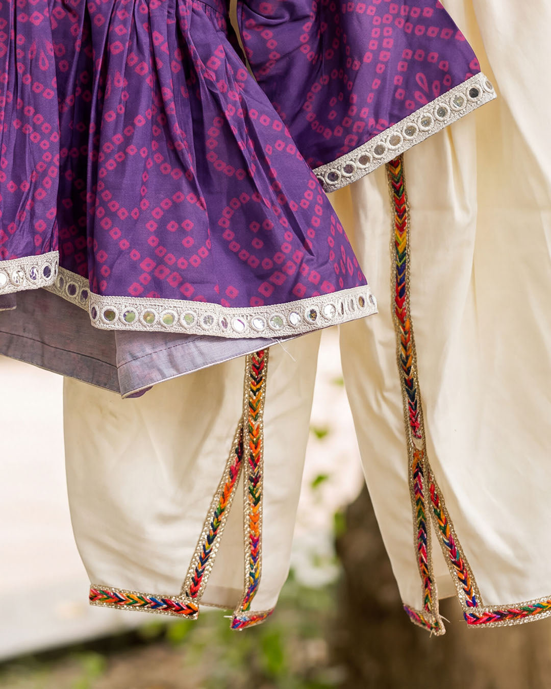 Purple Bandhani Print Girls Top with Ivory Dhoti Pants Set