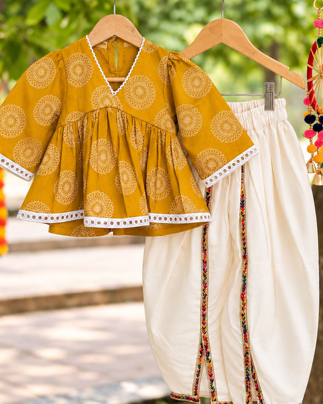 Marigold Charm Girls Top with Ivory Dhoti Pants Set