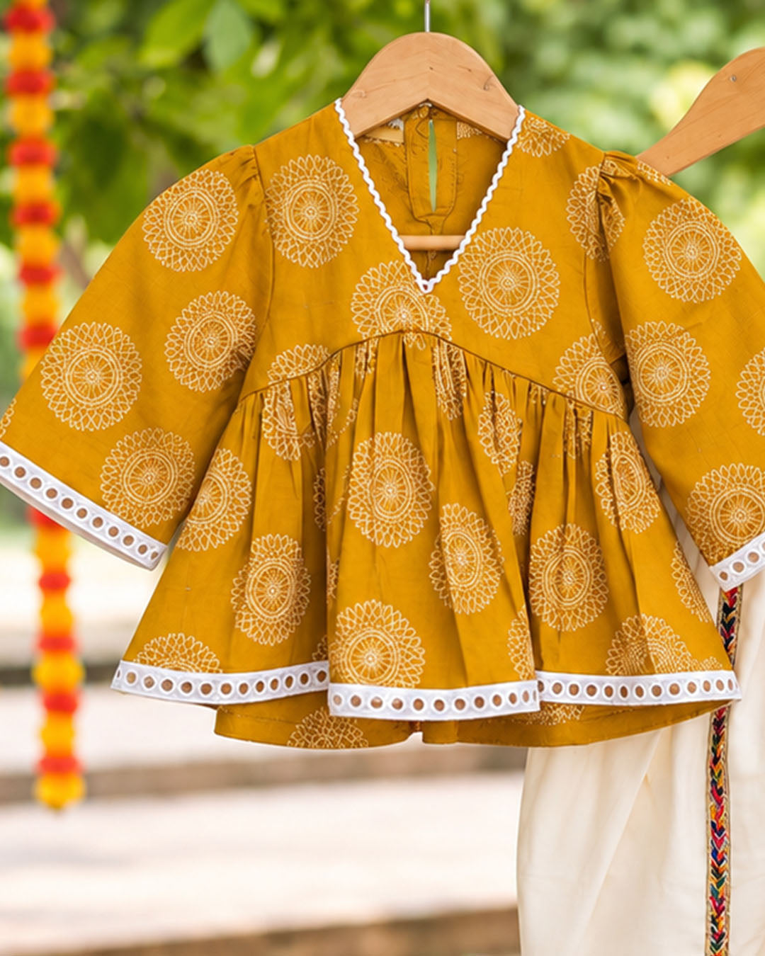 Marigold Charm Girls Top with Ivory Dhoti Pants Set