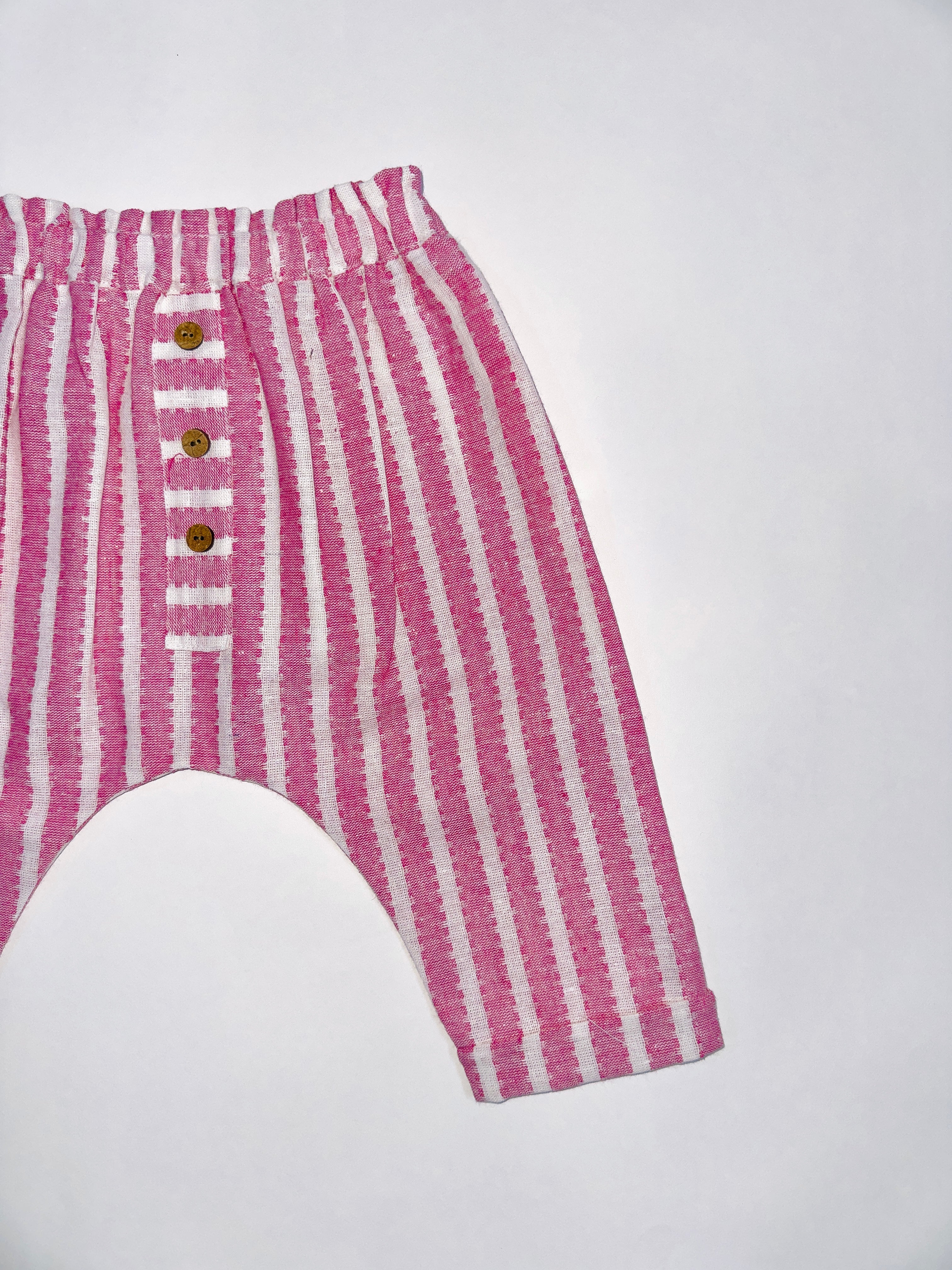 Whimsy Stripes Co-Ord Set for Baby Boys - White Top with Wooden Buttons and Pink Striped Pants