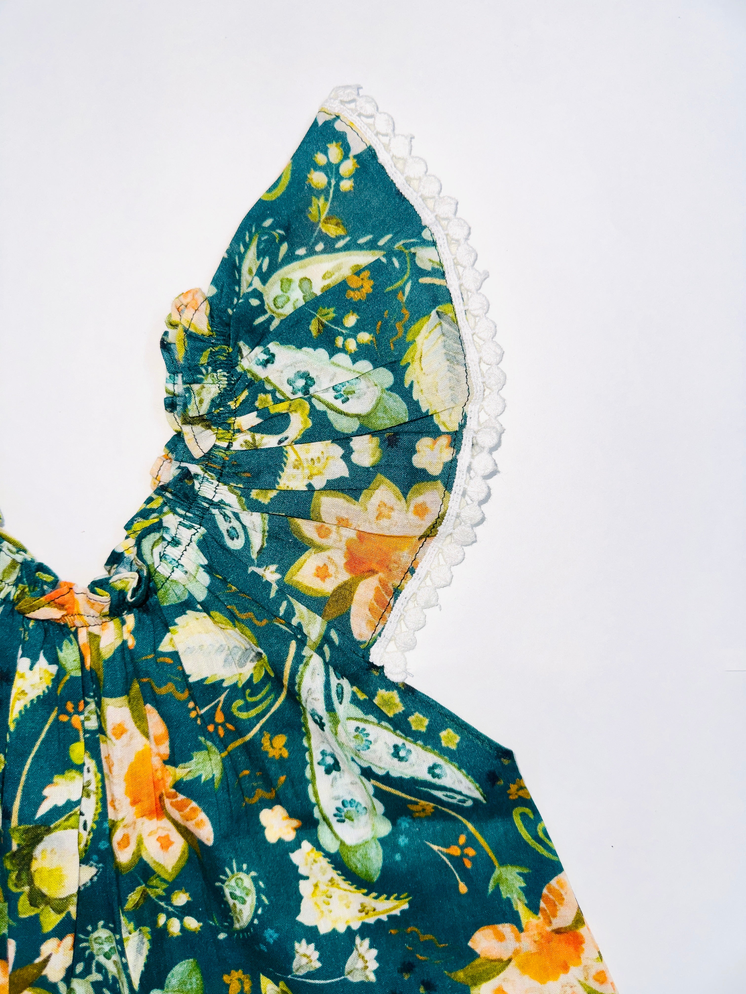 Meadow Bloom Dress for Girls with Green and Orange Floral Patterns and Lace-Trimmed Sleeves