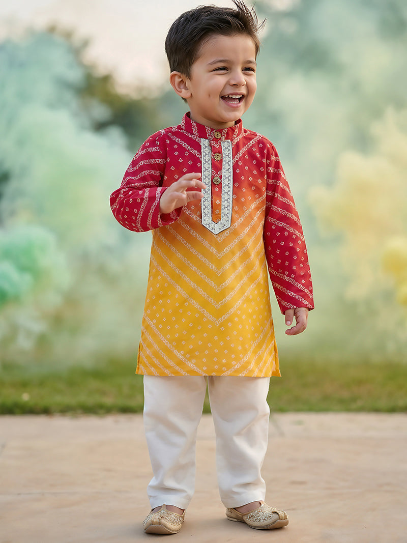 Red & Yellow Printed Kurta Pajama Set for Boys