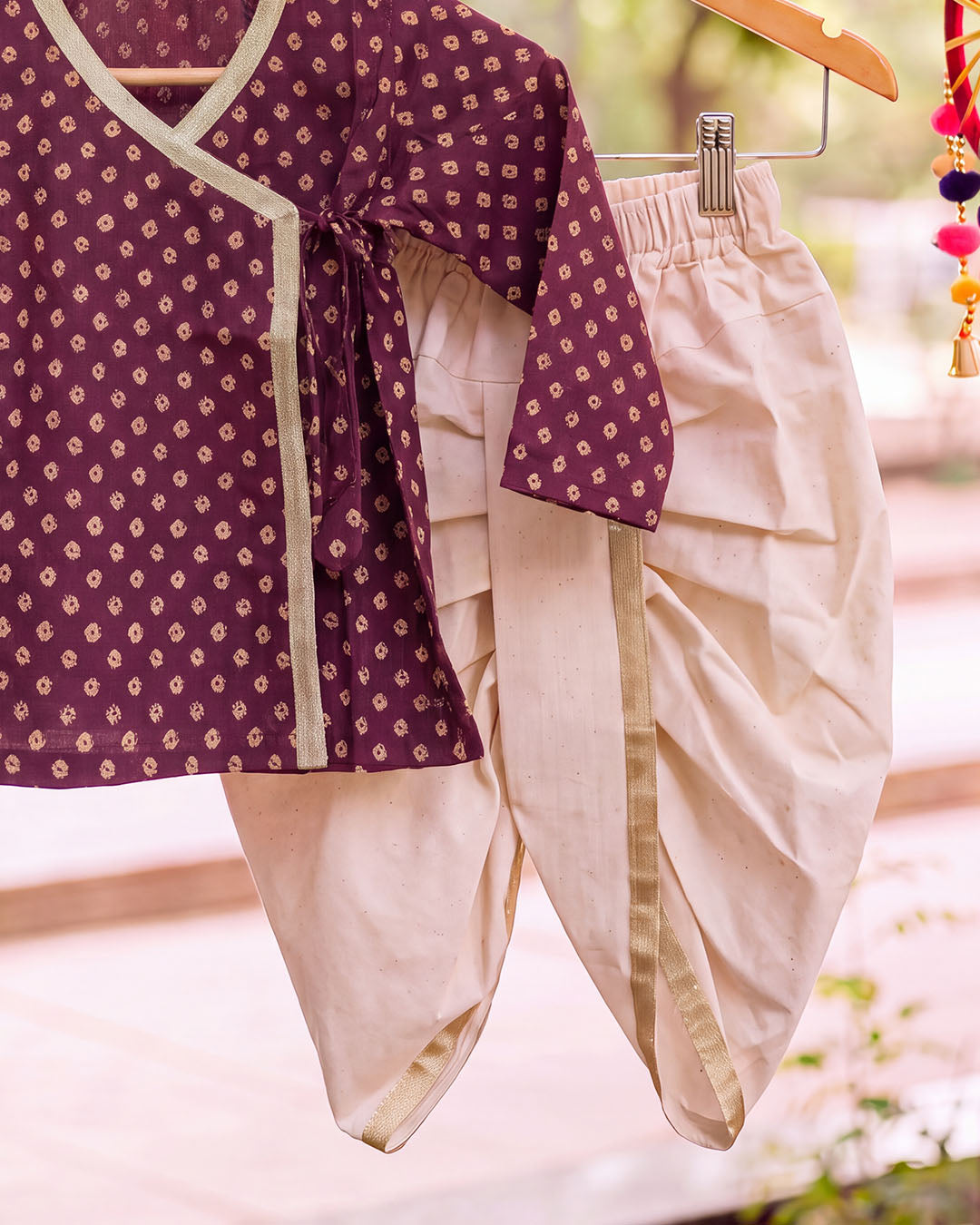 Wine purple Bandhani Wrap Kurta & Dhoti Set