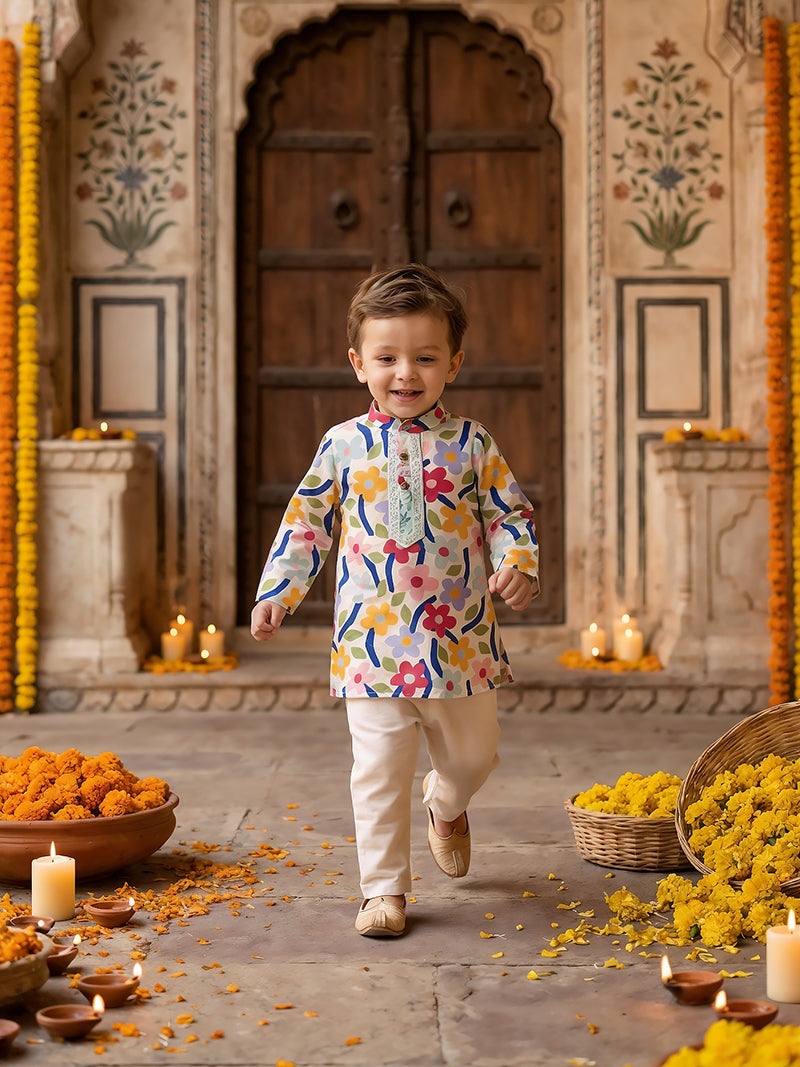 Multicolor Floral Printed Kurta Pajama Set for Boys