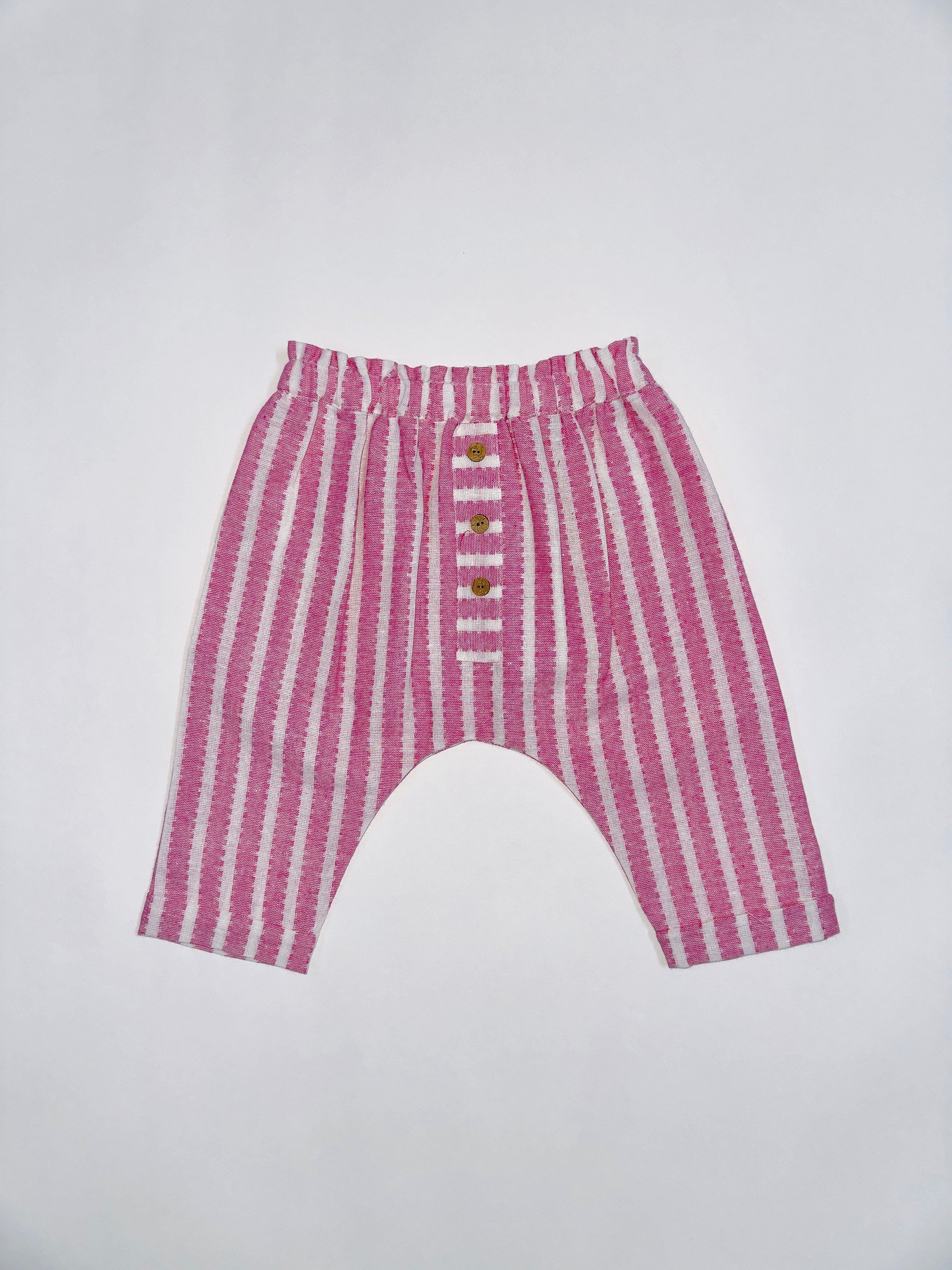 Whimsy Stripes Co-Ord Set for Baby Boys - White Top with Wooden Buttons and Pink Striped Pants