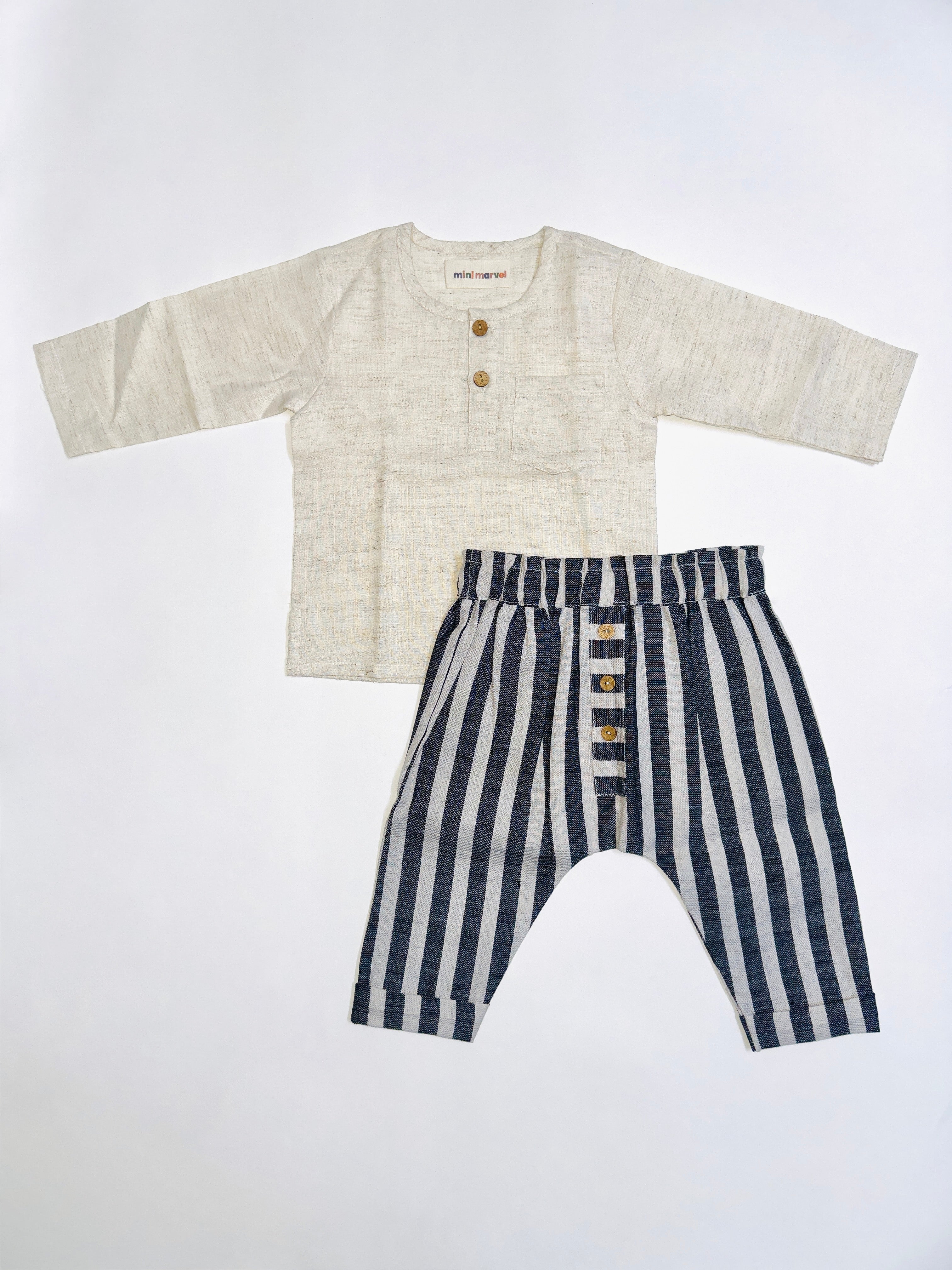 Minimalist Striped Co-Ord Set for Boys with Beige Top and Striped Harem Pants