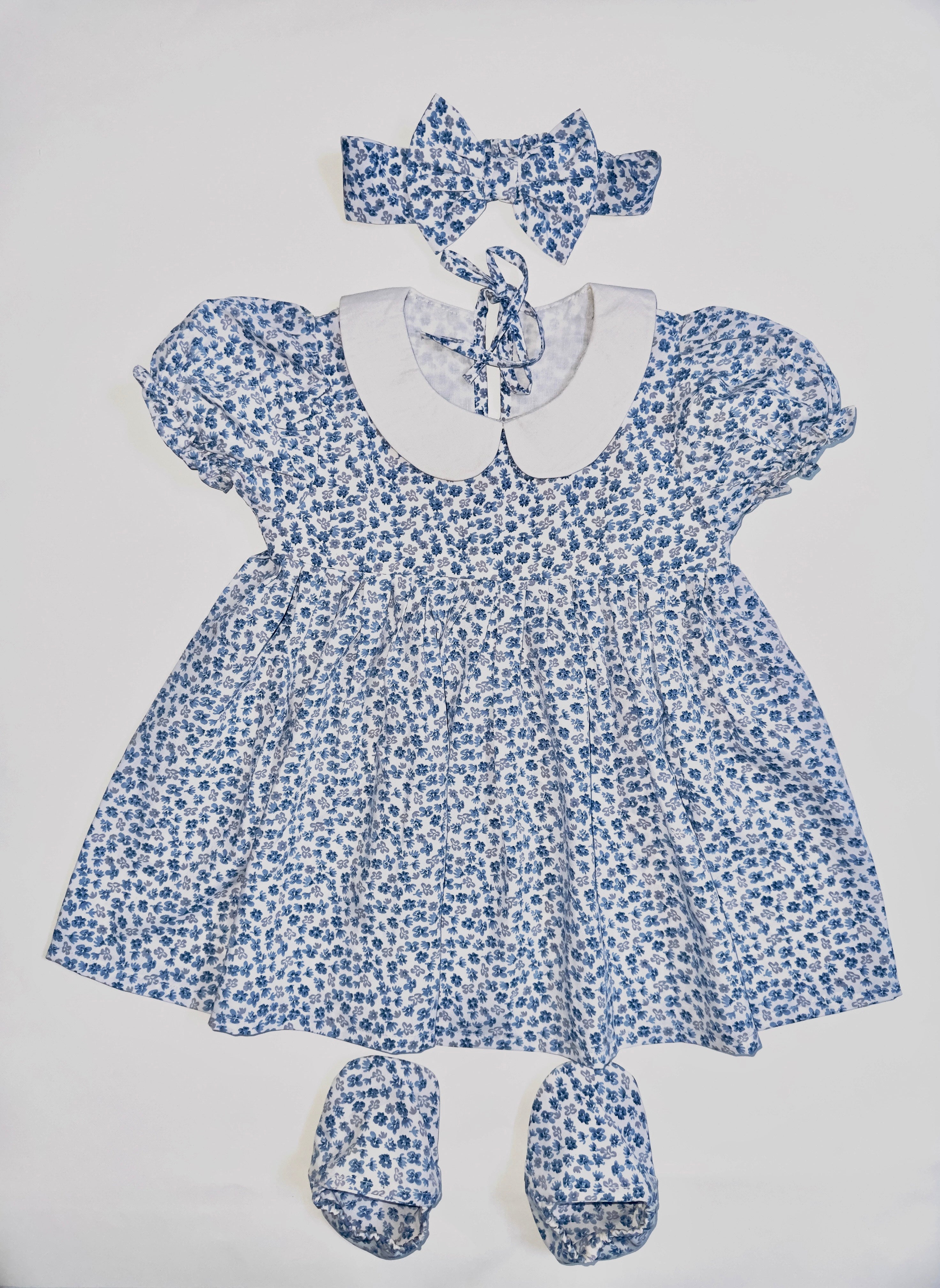 Angel Cotton Dress Set with Floral Print, Matching Headband, and Soft Booties