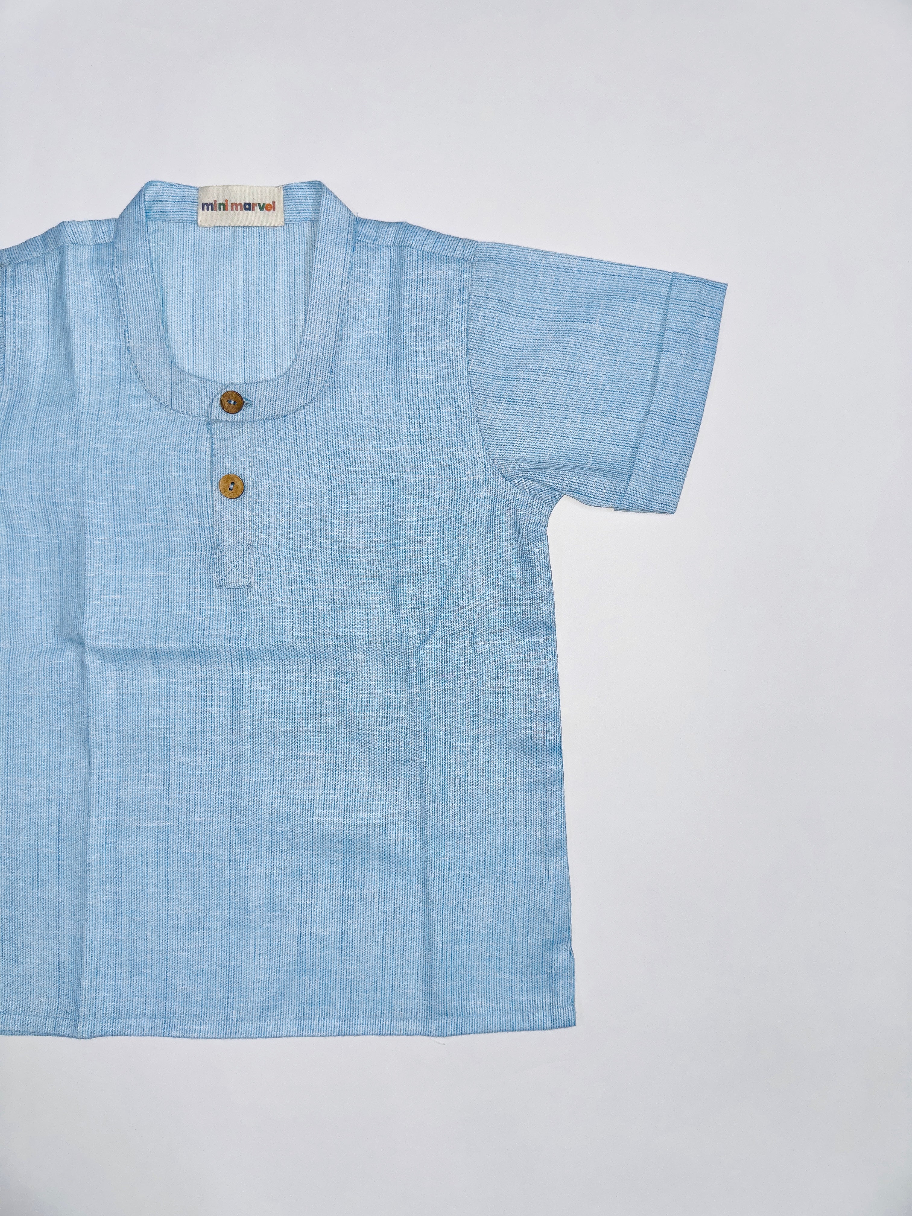 Sky Blue Top Bottom Set for Boys with Cotton Shirt and White Pants.