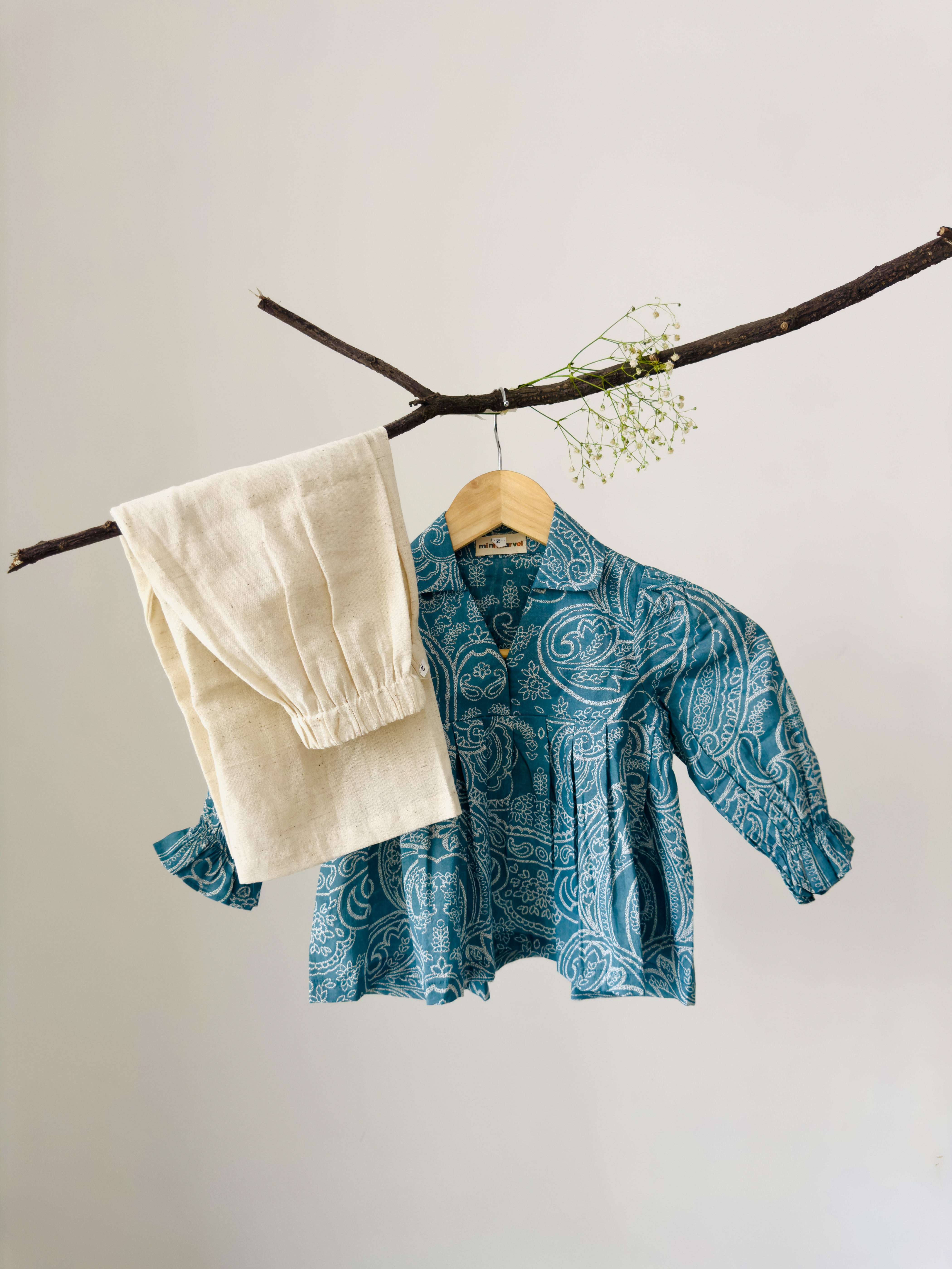 Mini Marvel blue cotton co-ord set for girls trendy everyday wear in soft cotton fabric