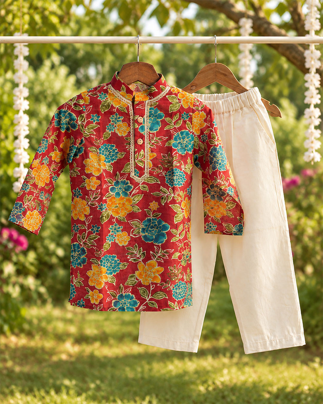 Floral Fiesta Red Printed Kurta Set for Boys