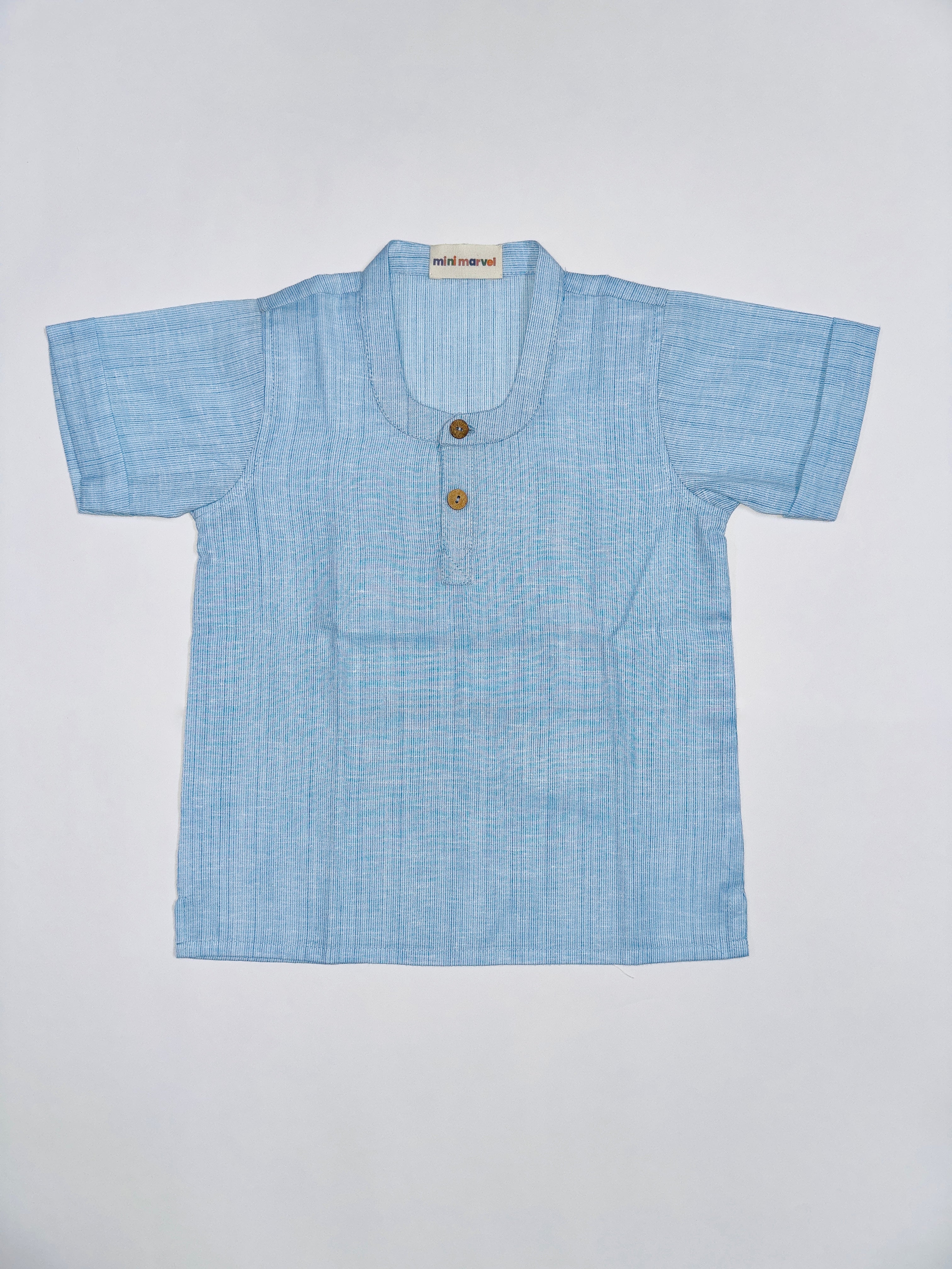 Sky Blue Top Bottom Set for Boys with Cotton Shirt and White Pants.