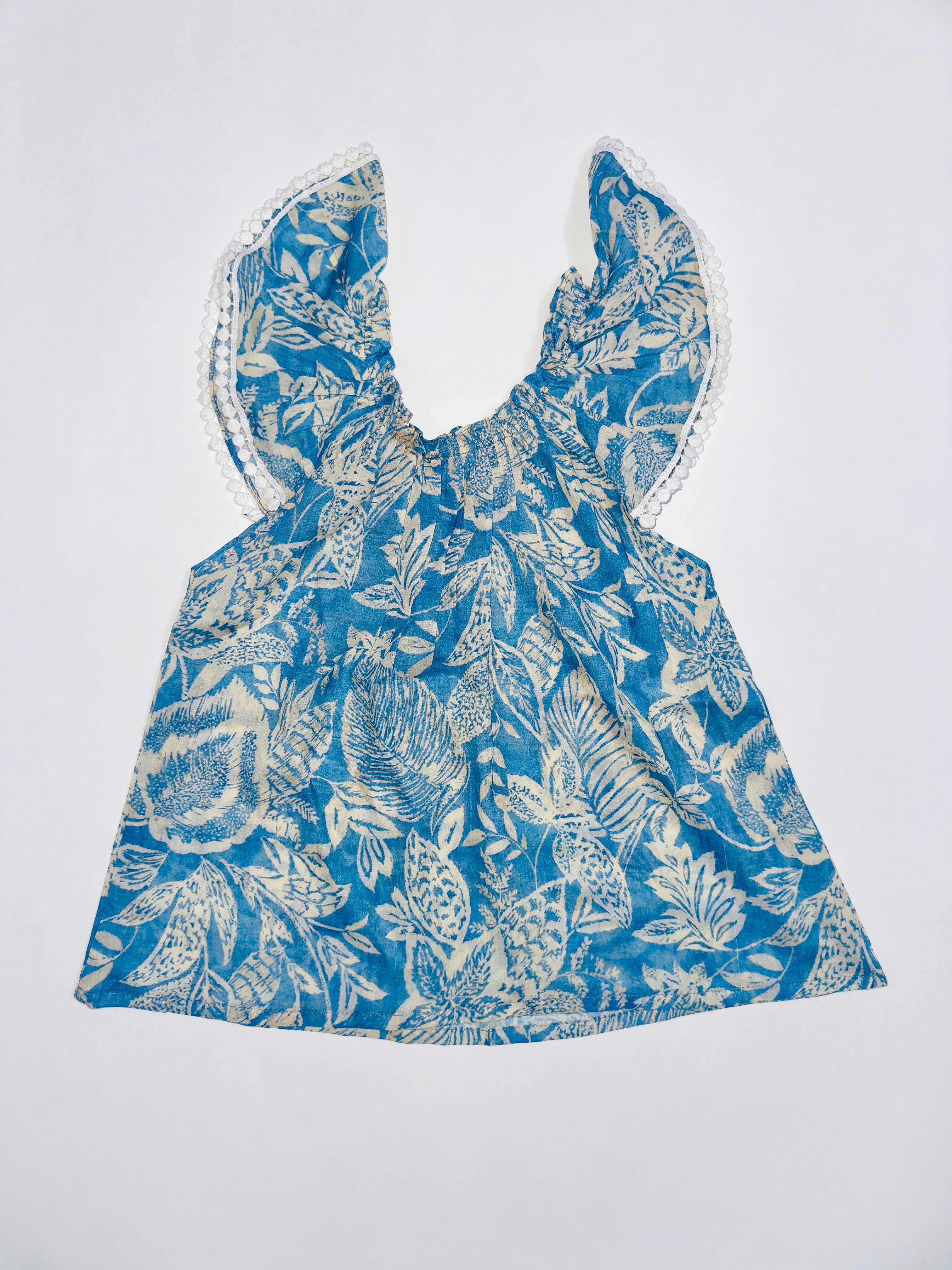 Aqua Breeze Dress with blue and White Floral Print, Lace Details, and Flutter Sleeves.
