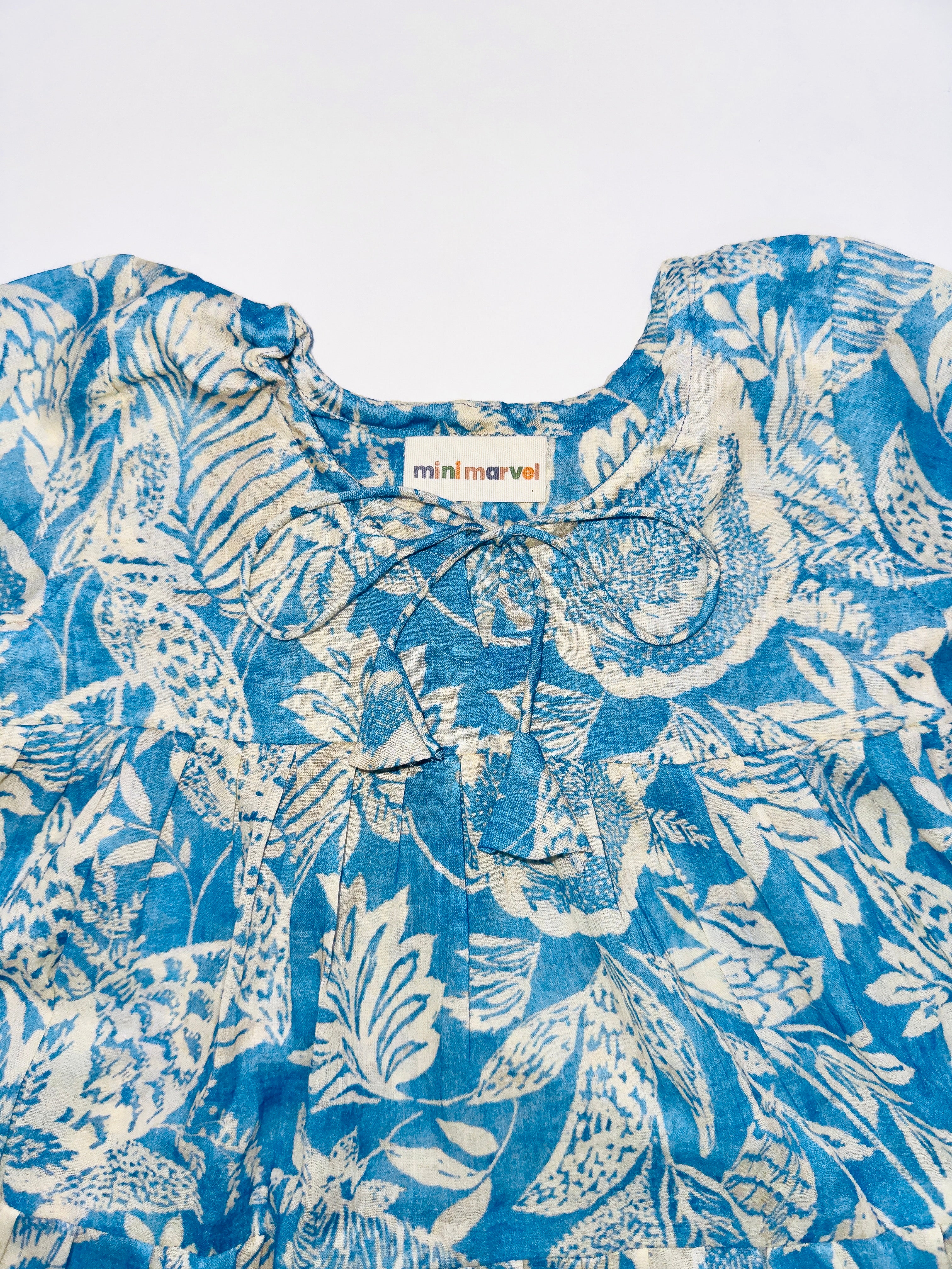 Ocean Dream Dress for Girls with Blue Ocean-Inspired Print and Lace Details