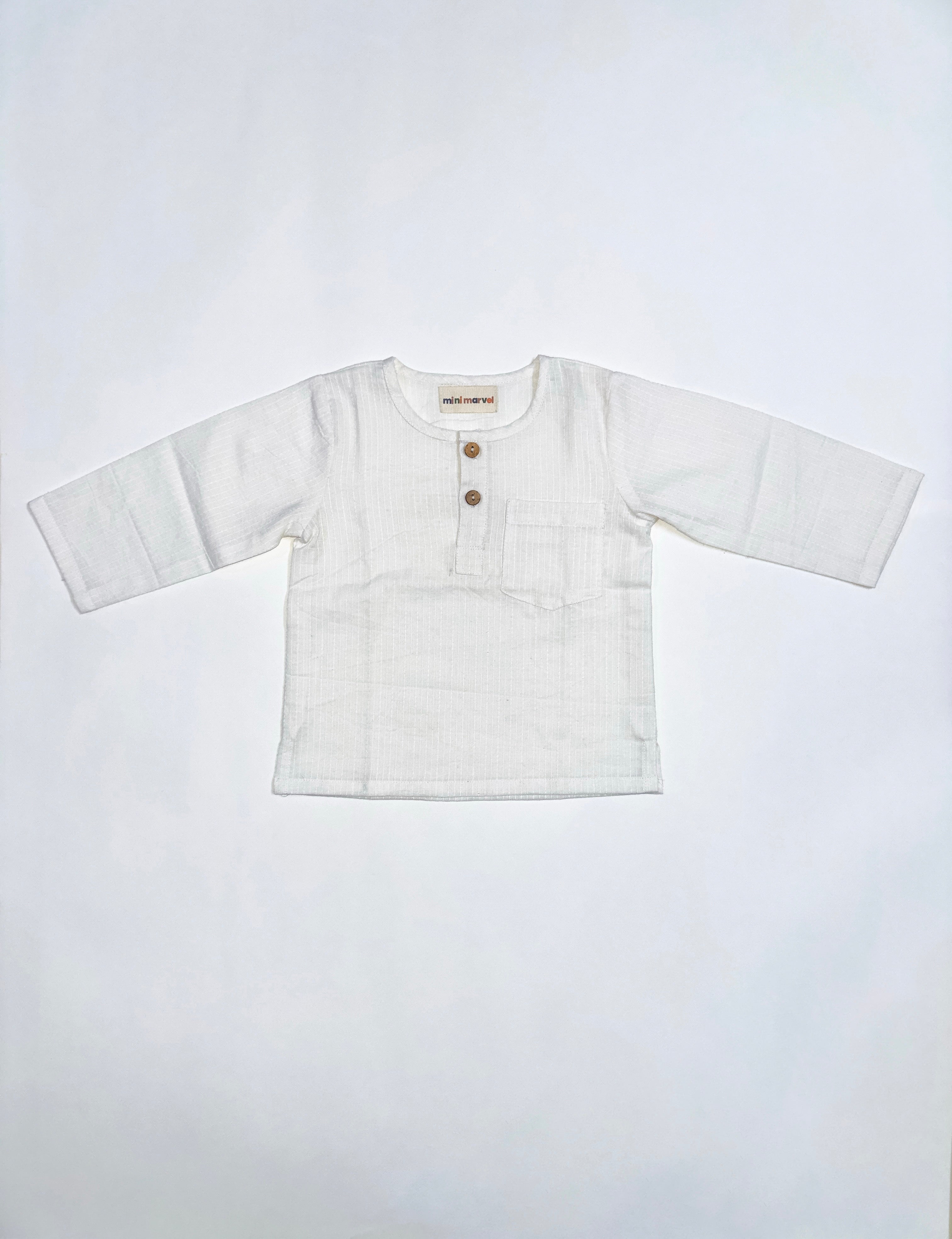 Whimsy Stripes Co-Ord Set for Baby Boys - White Top with Wooden Buttons and Pink Striped Pants