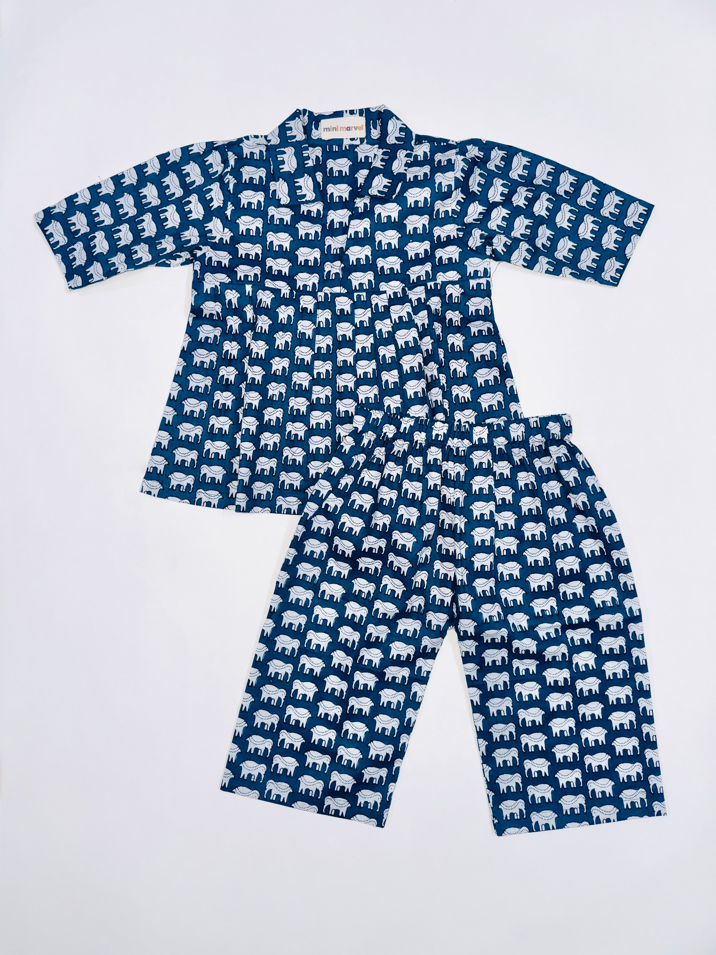 Navy Elephant Print Co-Ord Set for Baby Girls in Soft Cotton with Fun Elephant Prints.