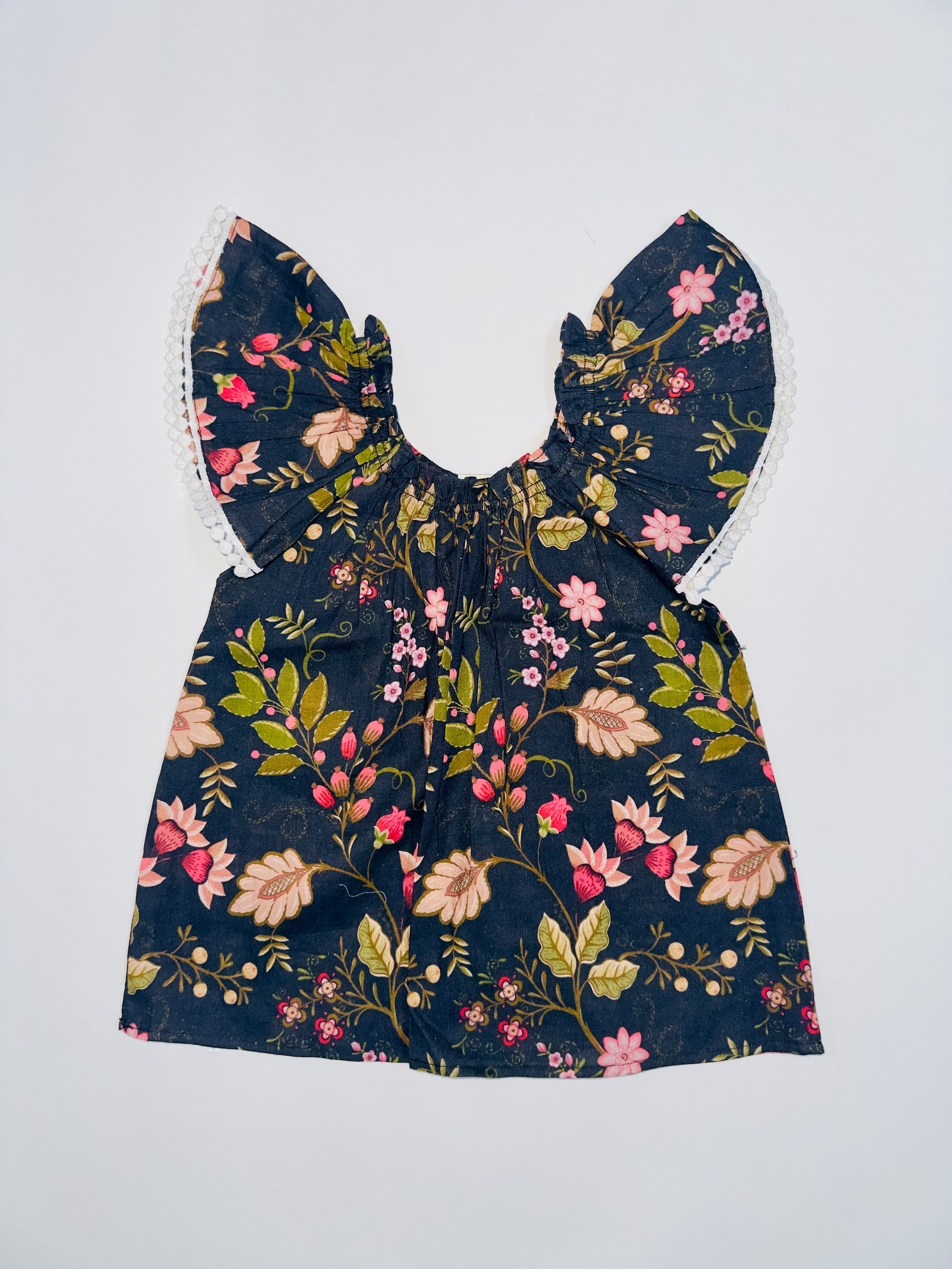 Blooming Grace Dress with Vibrant Floral Prints and Lace Sleeves