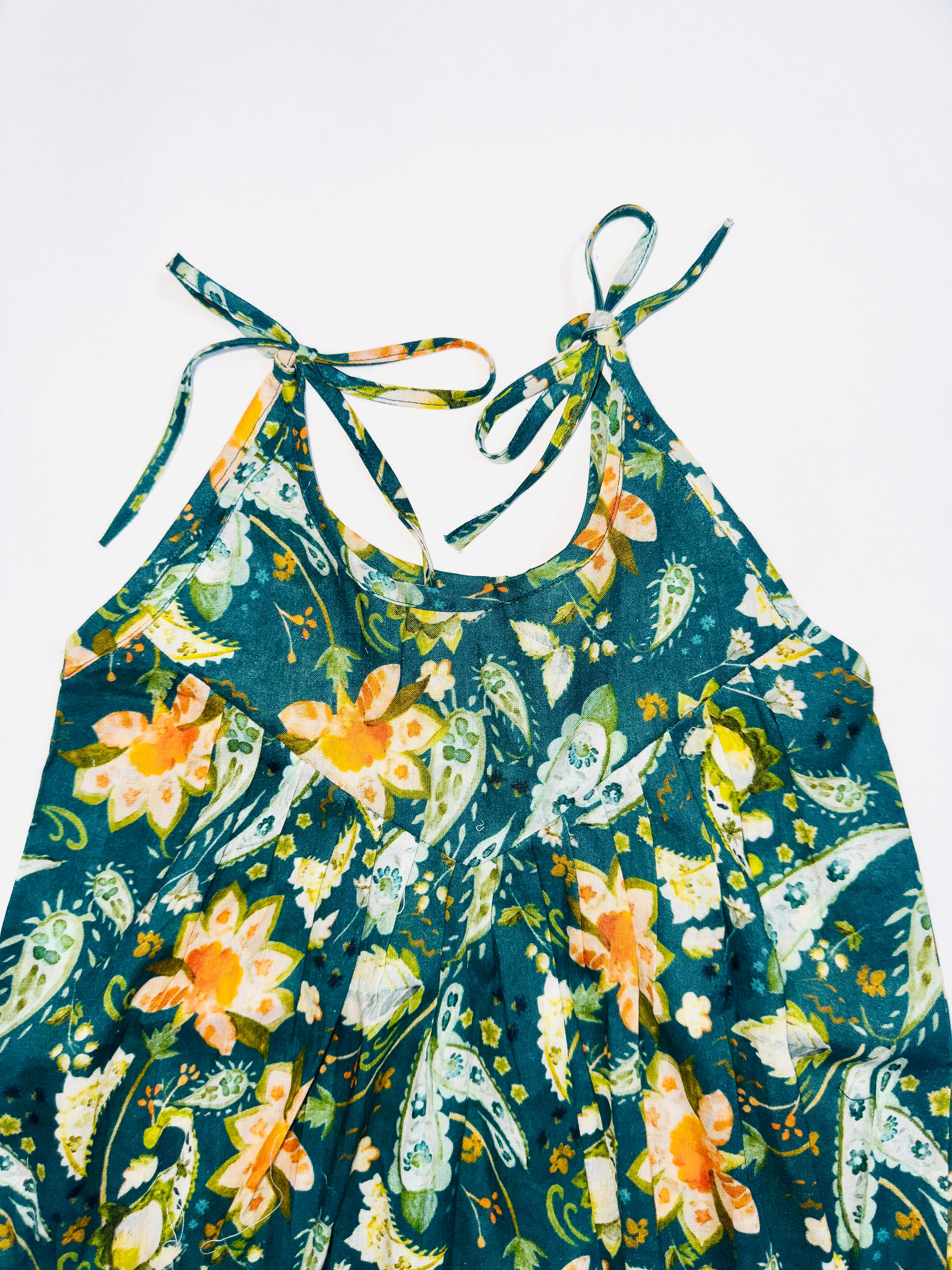 Floral Bliss Tie-Up Baby Romper for Girls with Green Floral Design and Adjustable Straps