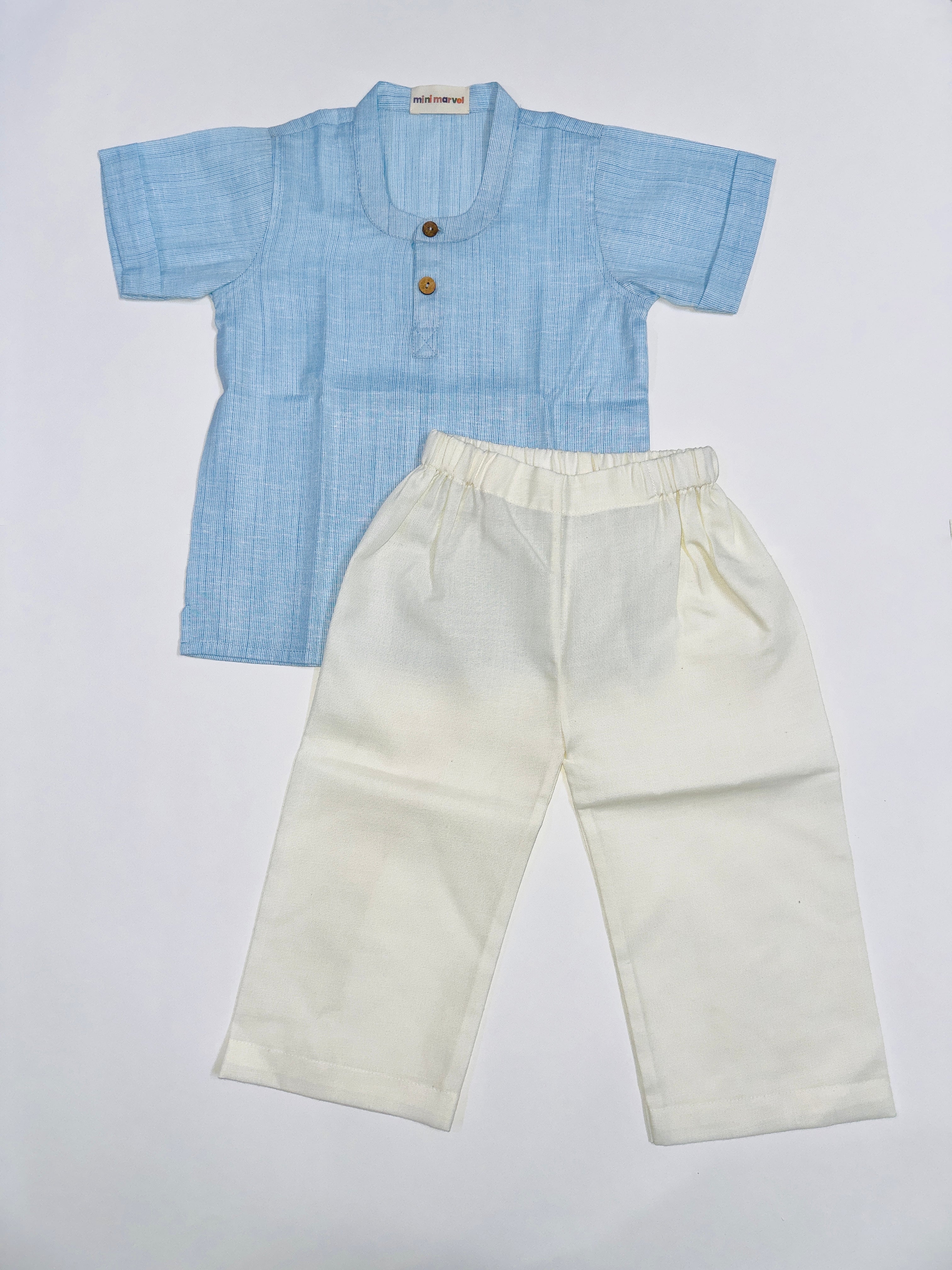 Sky Blue Top Bottom Set for Boys with Cotton Shirt and White Pants.
