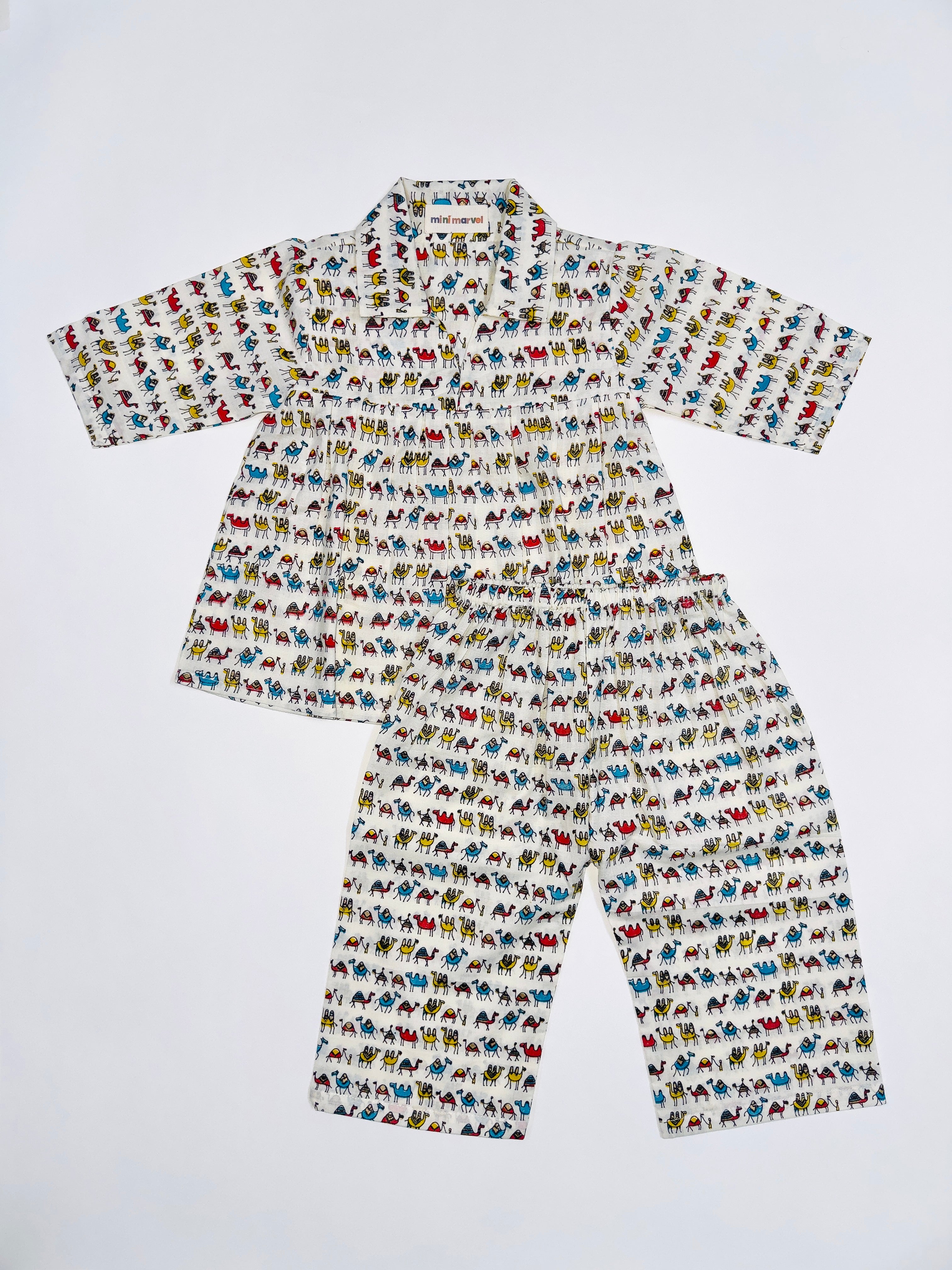 Multicolor Camel Print Co-Ord Set for Baby Girls in Soft Cotton with Fun Camel Motifs.