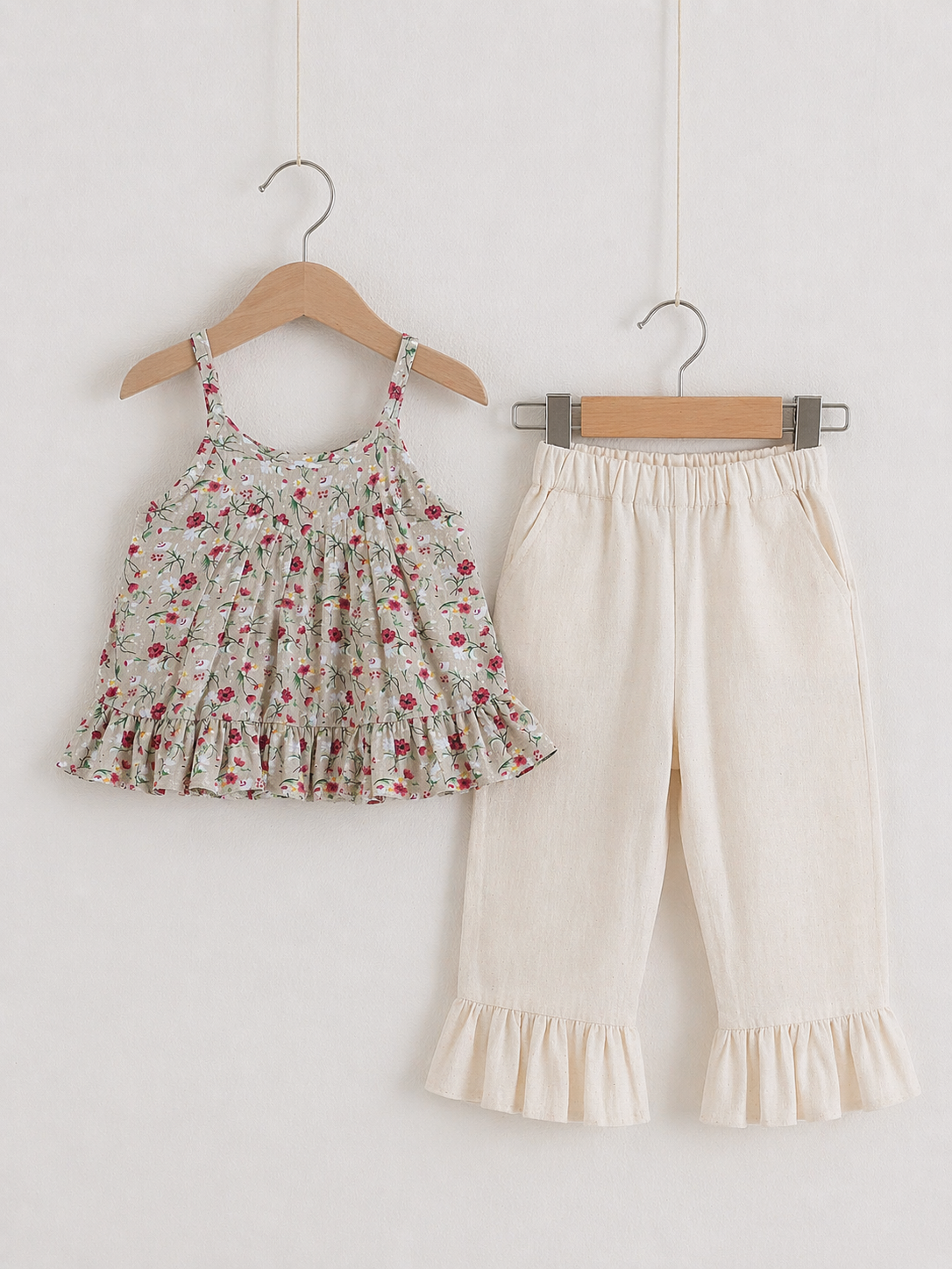 Floral Strappy Peplum Top & Ruffle Hem Pants Set for Girls
