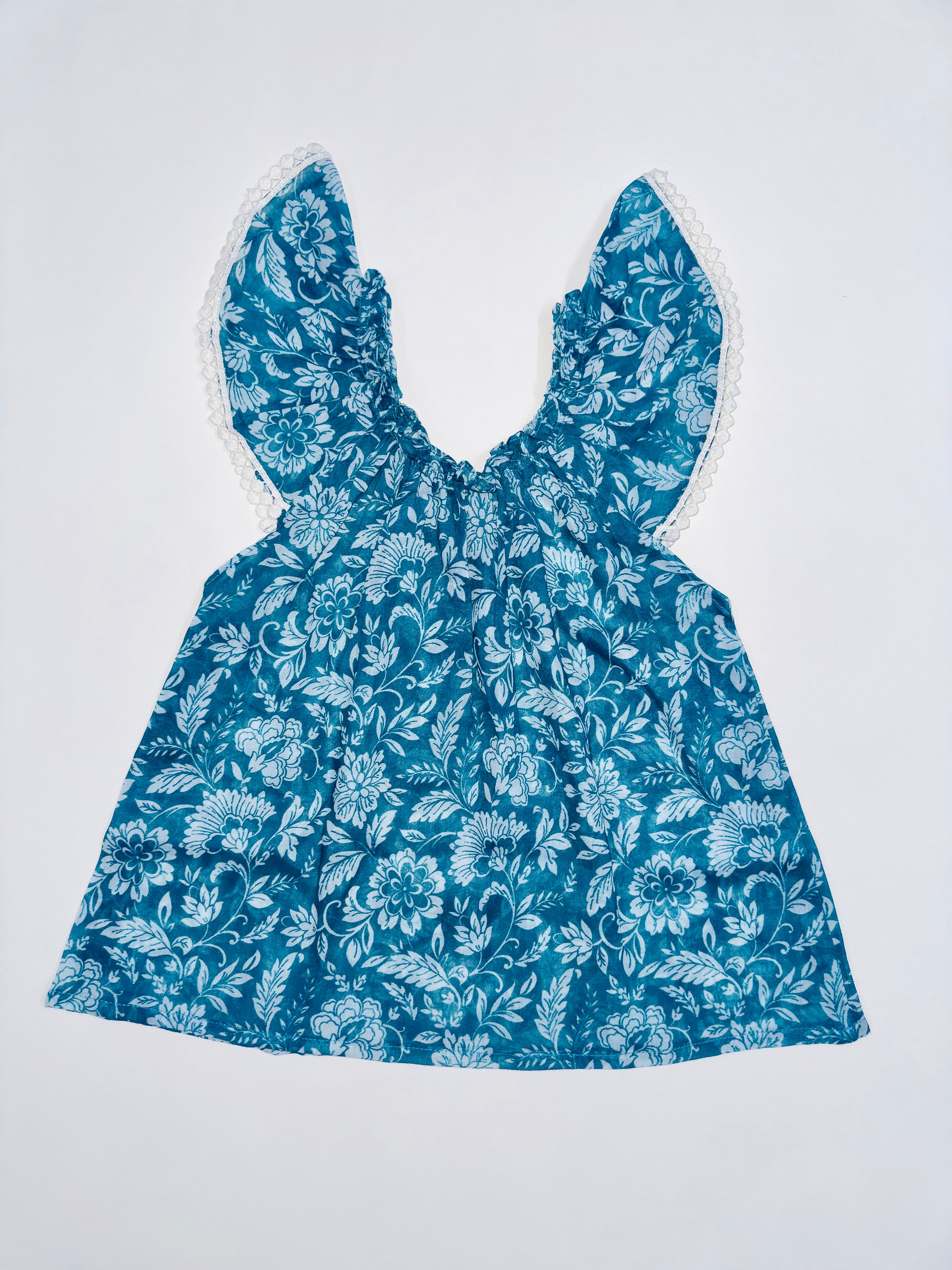 Blue Blossom Breeze Dress for Baby Girls with White Floral Print and Lace Sleeves