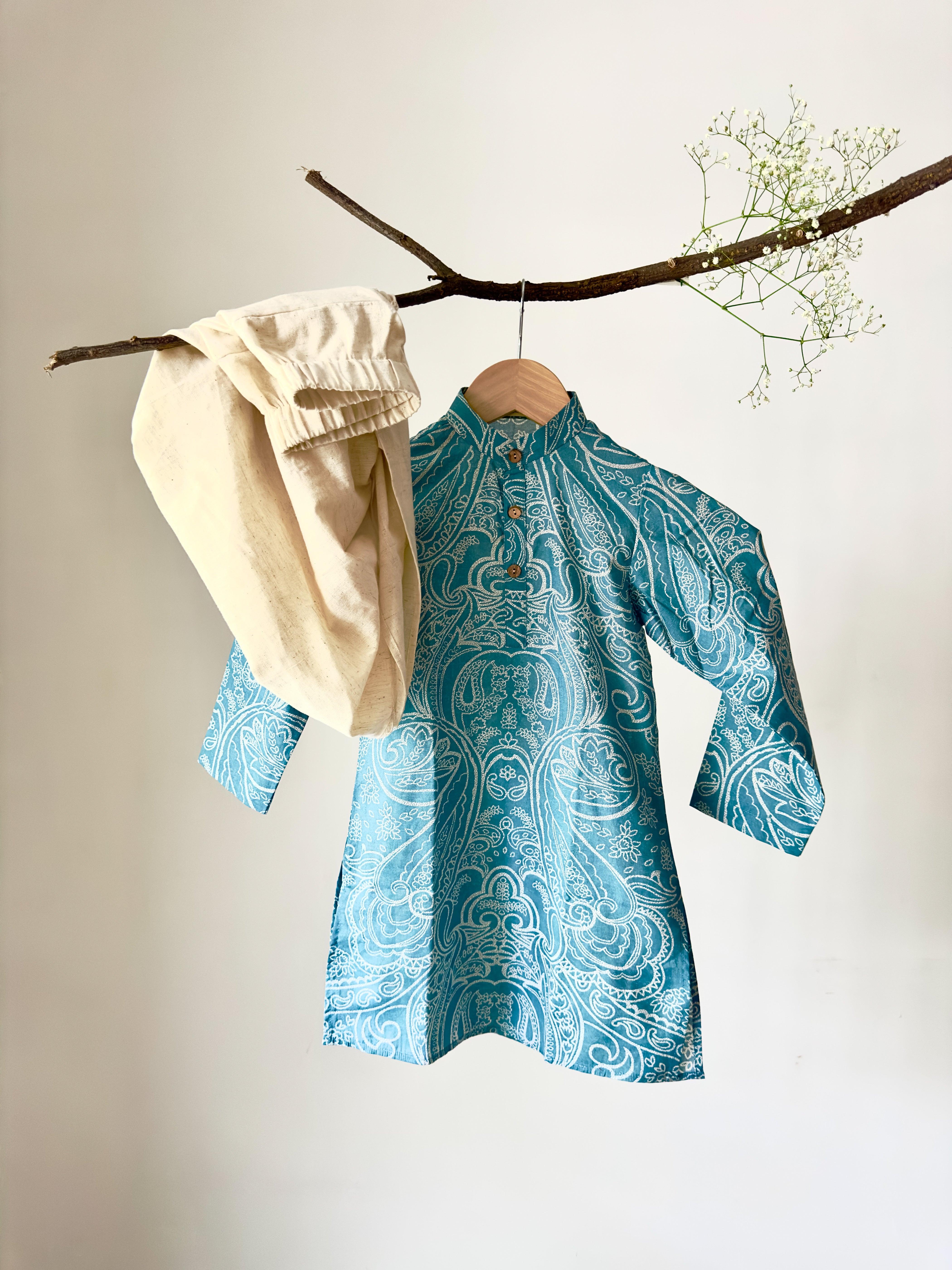 Printed boys cotton dhoti set at Mini Marvel. Lightweight kids ethnic wear for weddings and Navratri.