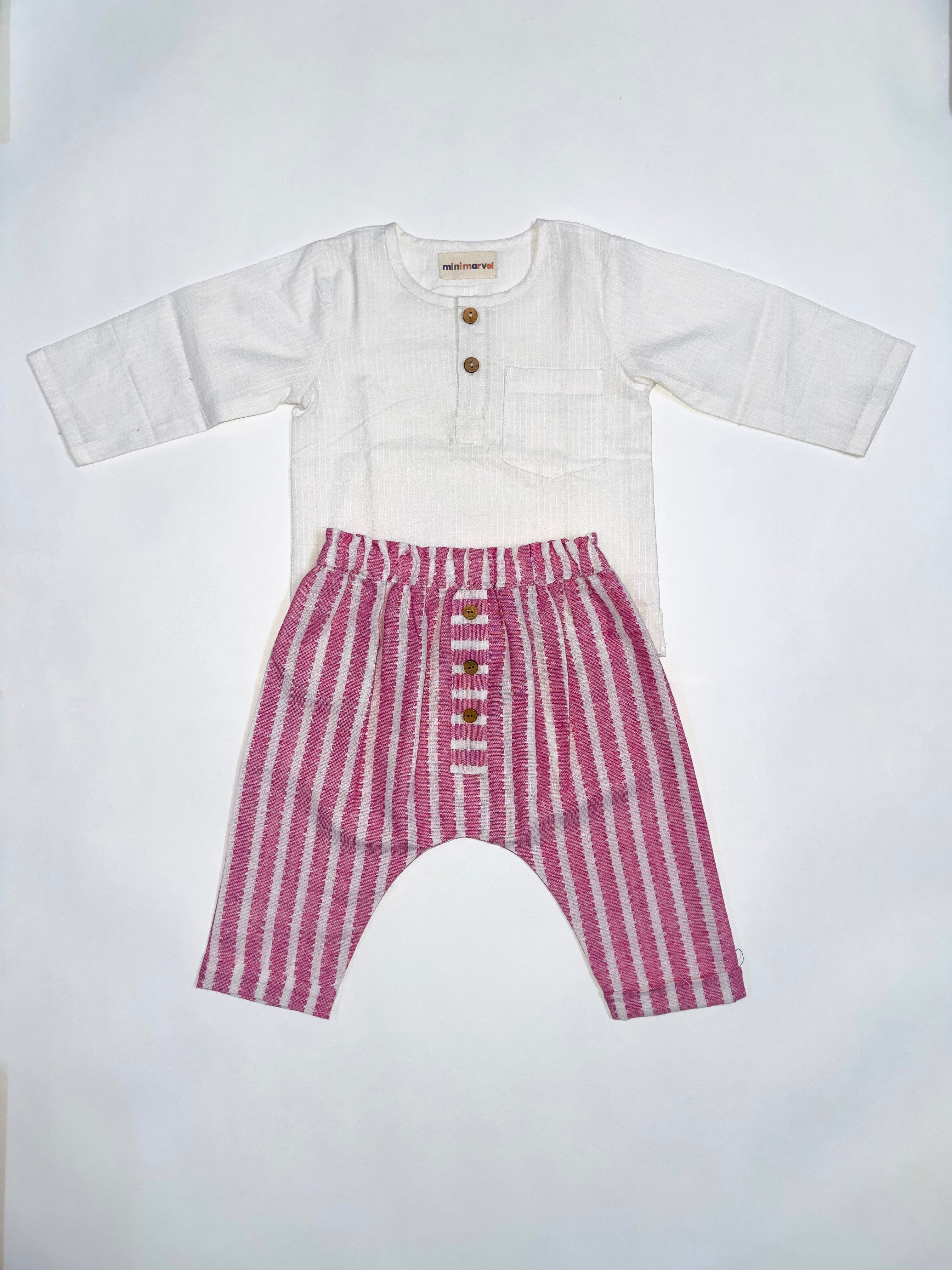 Whimsy Stripes Co-Ord Set for Baby Boys - White Top with Wooden Buttons and Pink Striped Pants