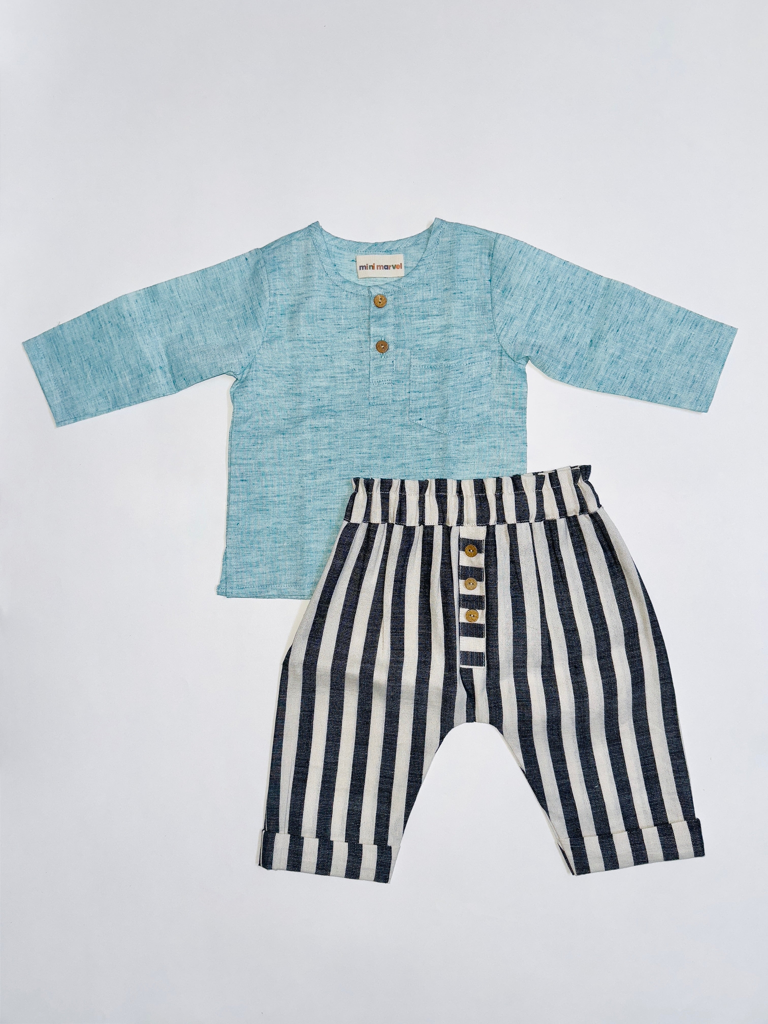 Ocean Breeze Co-Ord Set for Boys with Blue Kurta and Striped Harem Pants.