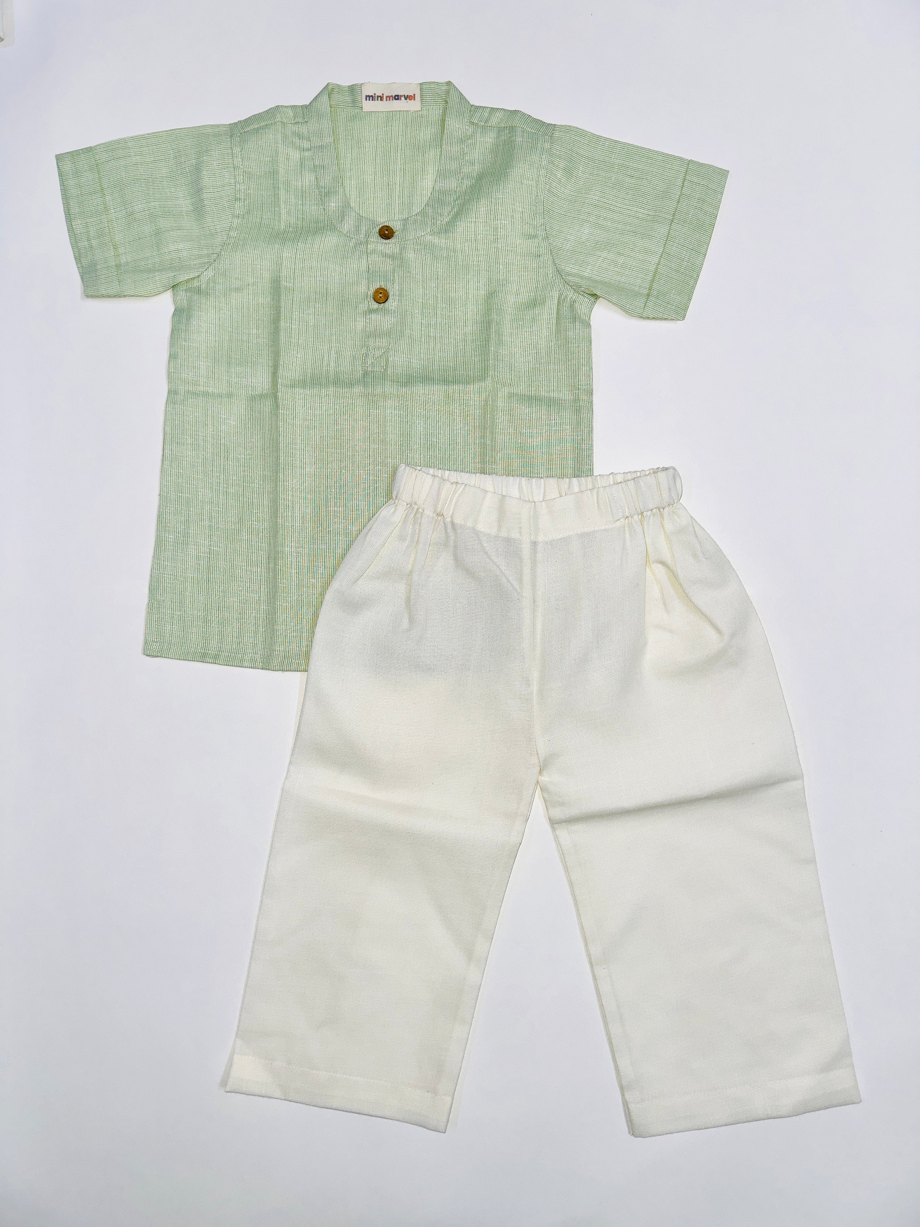 Mint Green Cotton Top Bottom Set with Crisp White Pants for baby boys
