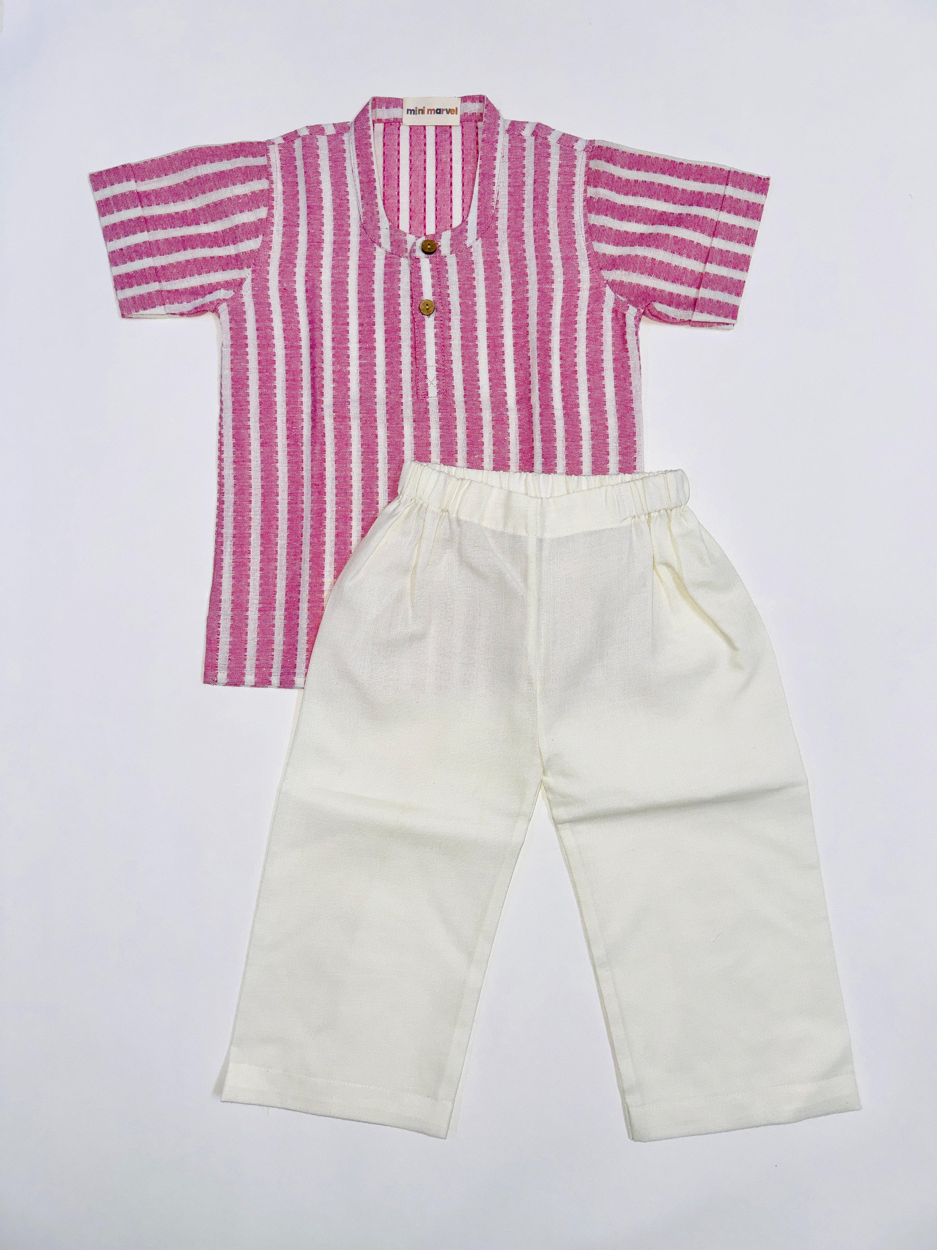Pink Striped Cotton Shirt and White Pants Set for baby boys.