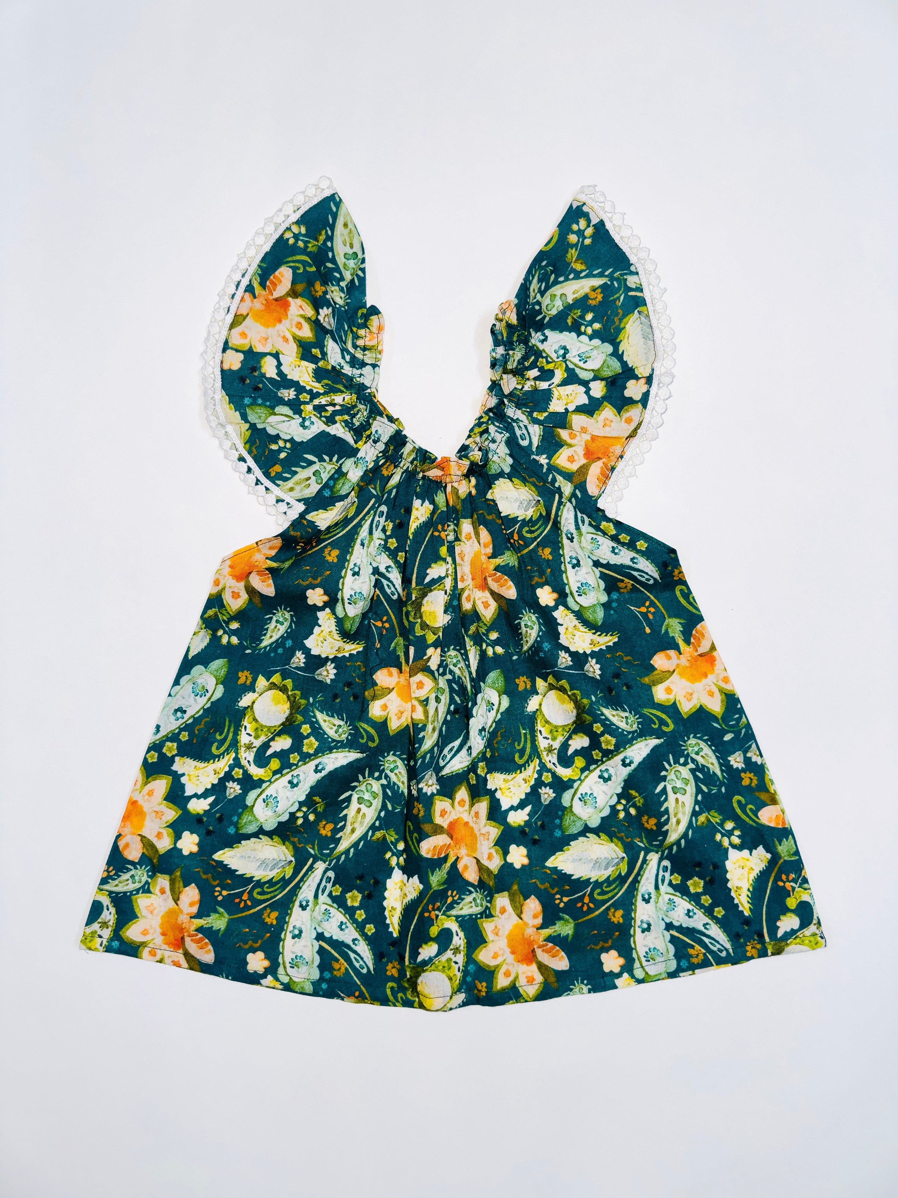 Meadow Bloom Dress for Girls with Green and Orange Floral Patterns and Lace-Trimmed Sleeves