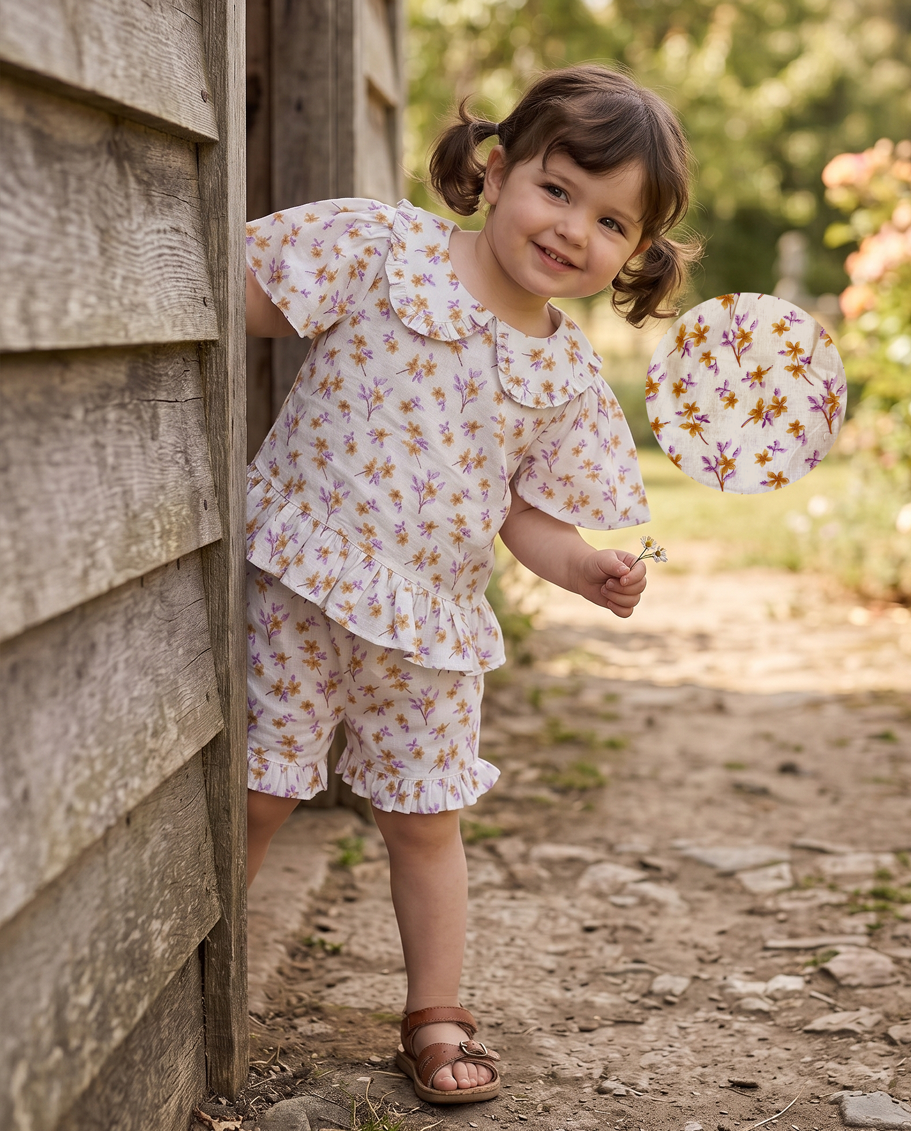 Floral Ruffle Collar Top & Shorts Set for Girls