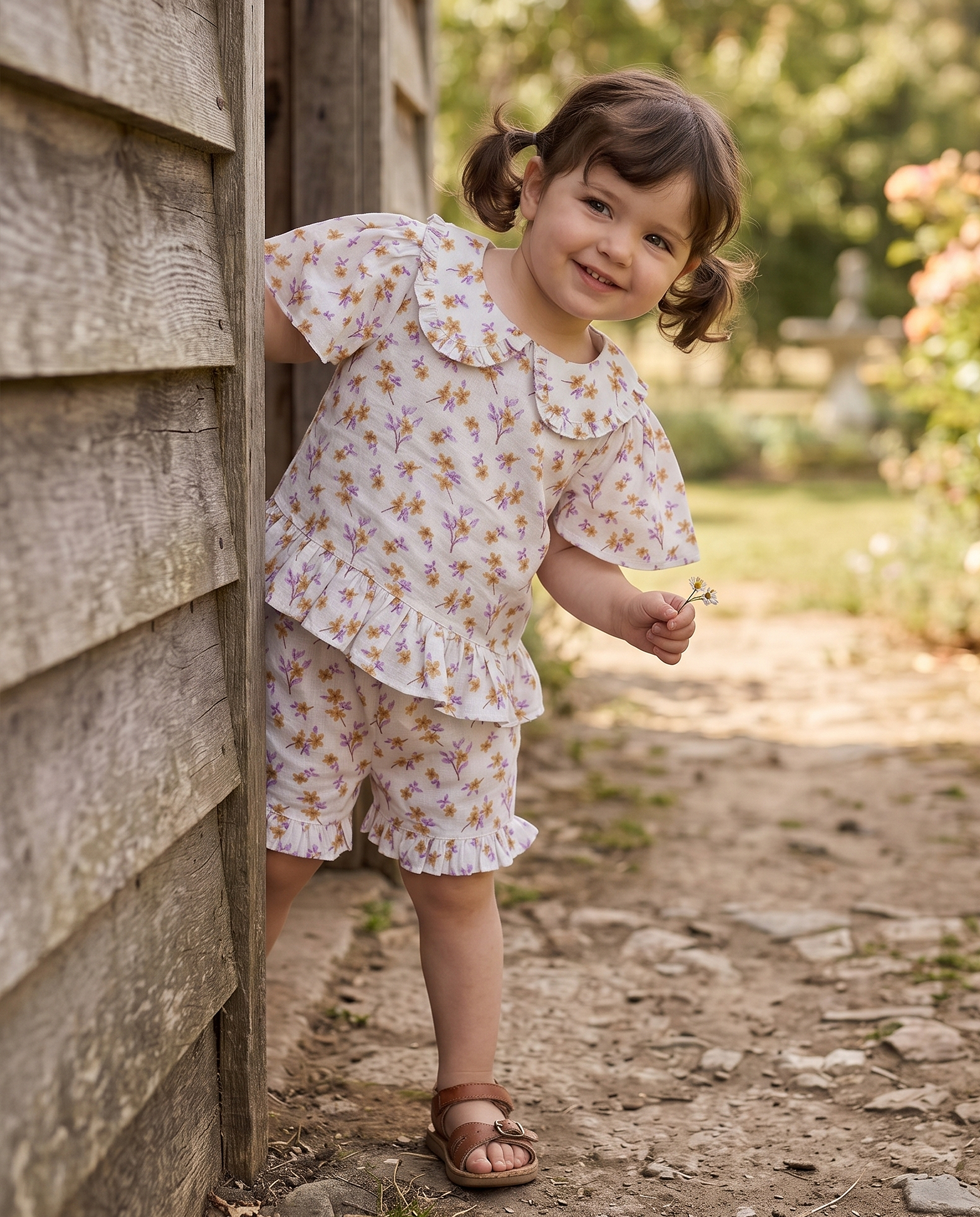 Floral Ruffle Collar Top & Shorts Set for Girls