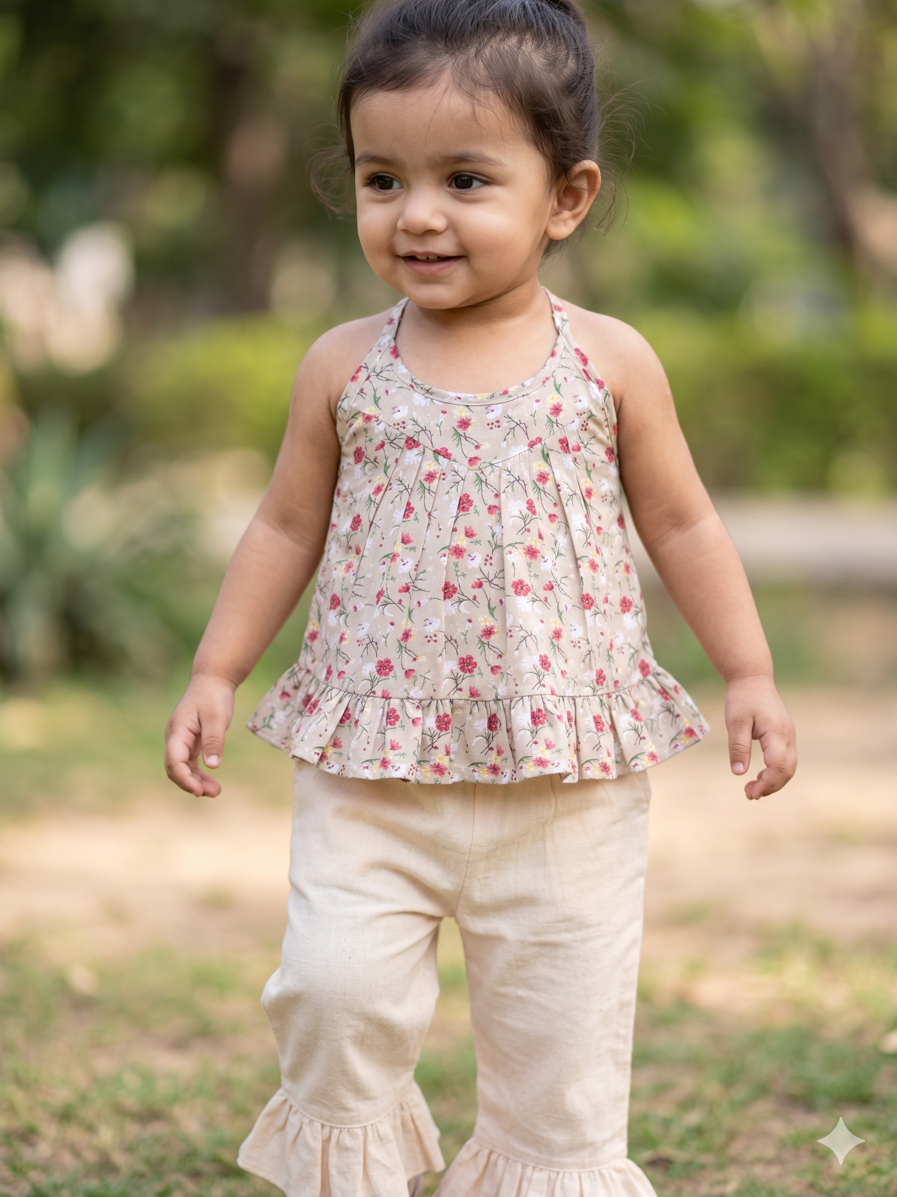 Floral Strappy Peplum Top & Ruffle Hem Pants Set for Girls