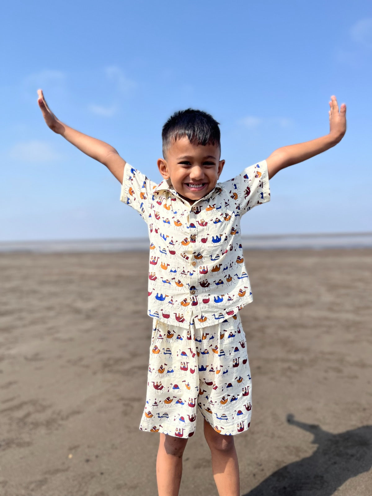Camel safari print cotton shirt and shorts for kids