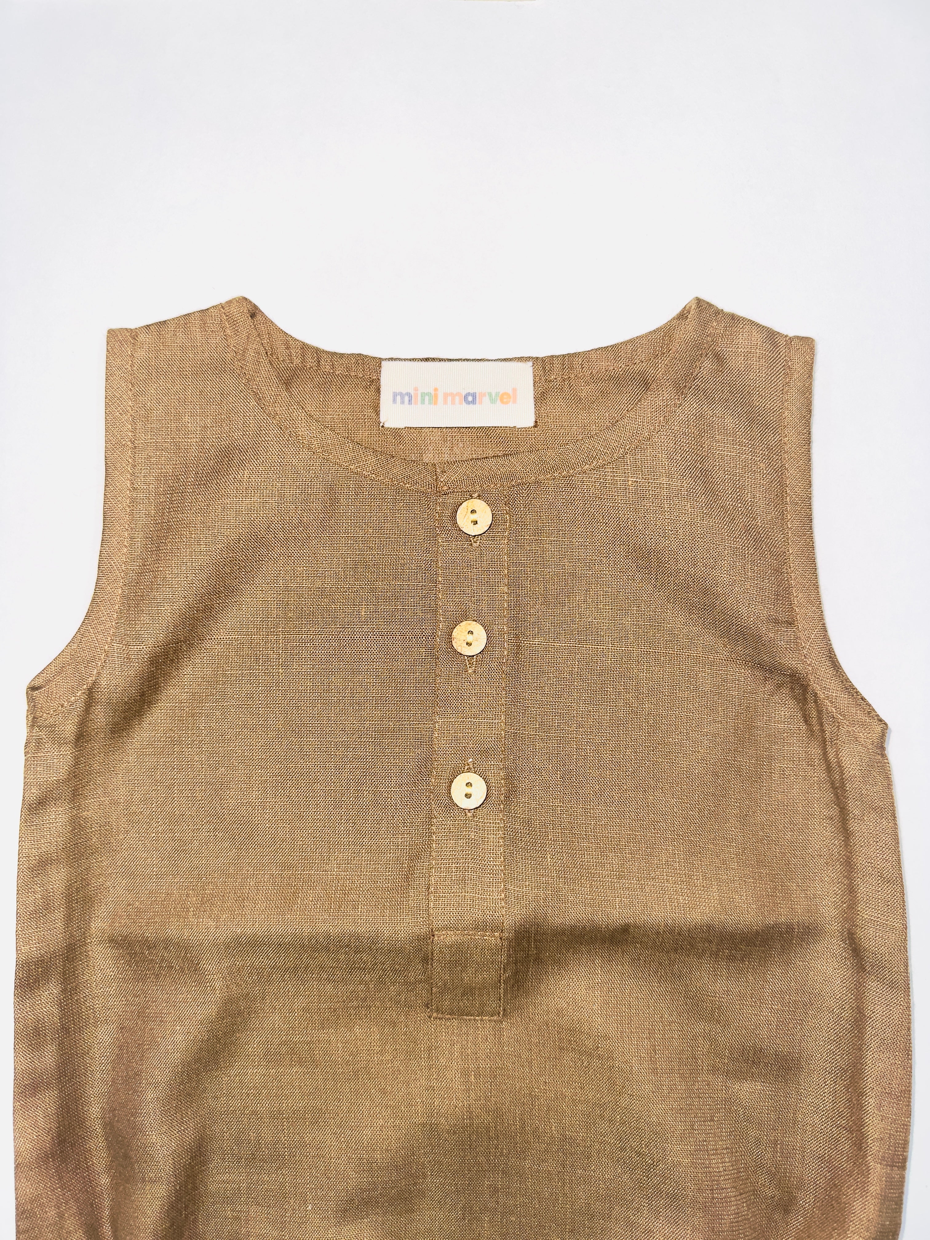 Brown Baby Romper with Wooden Buttons and Snap Closures for Newborns.
