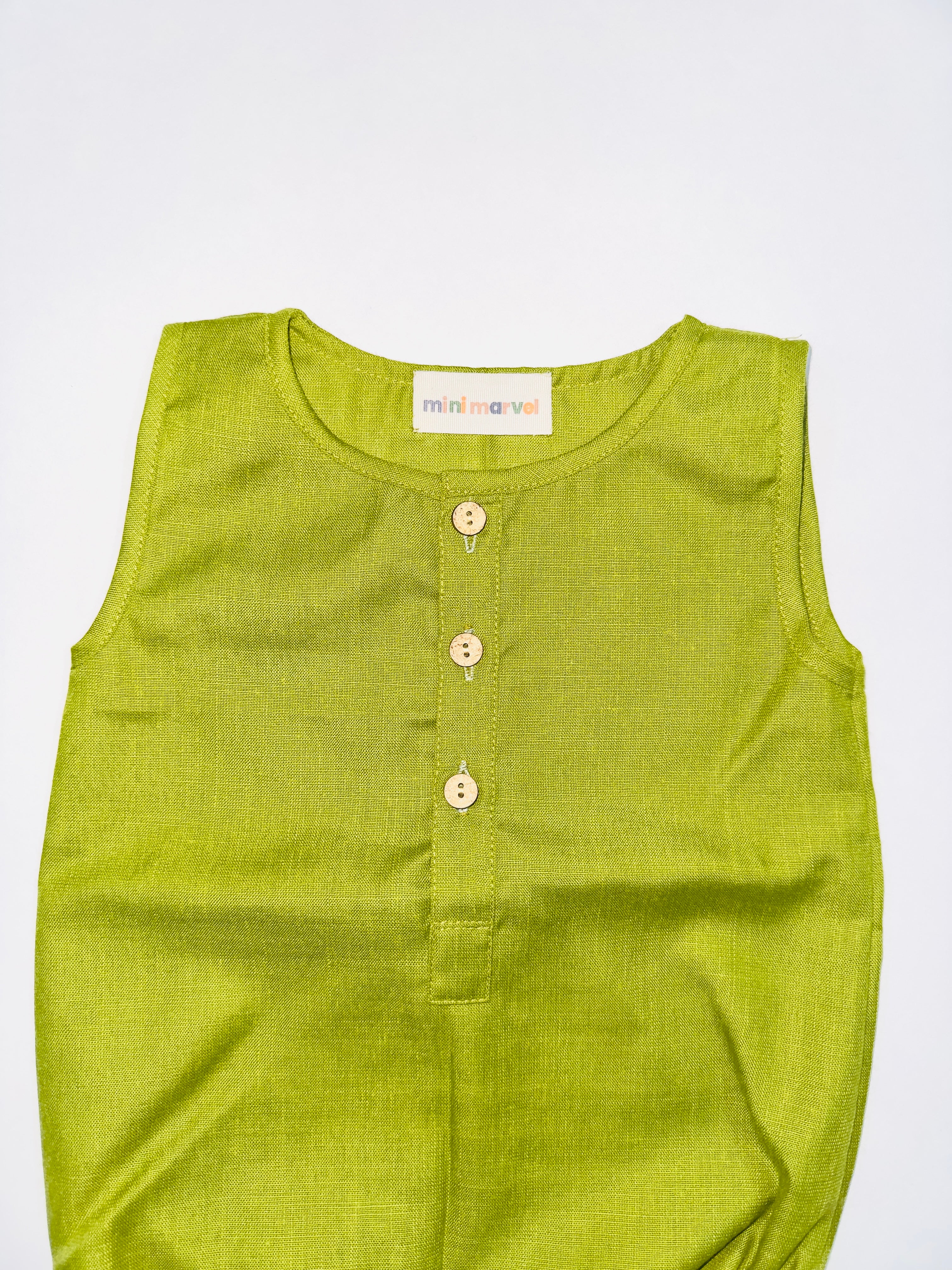 Olive Charm Baby Romper for Girls with Mustard Design and Wooden Button Details