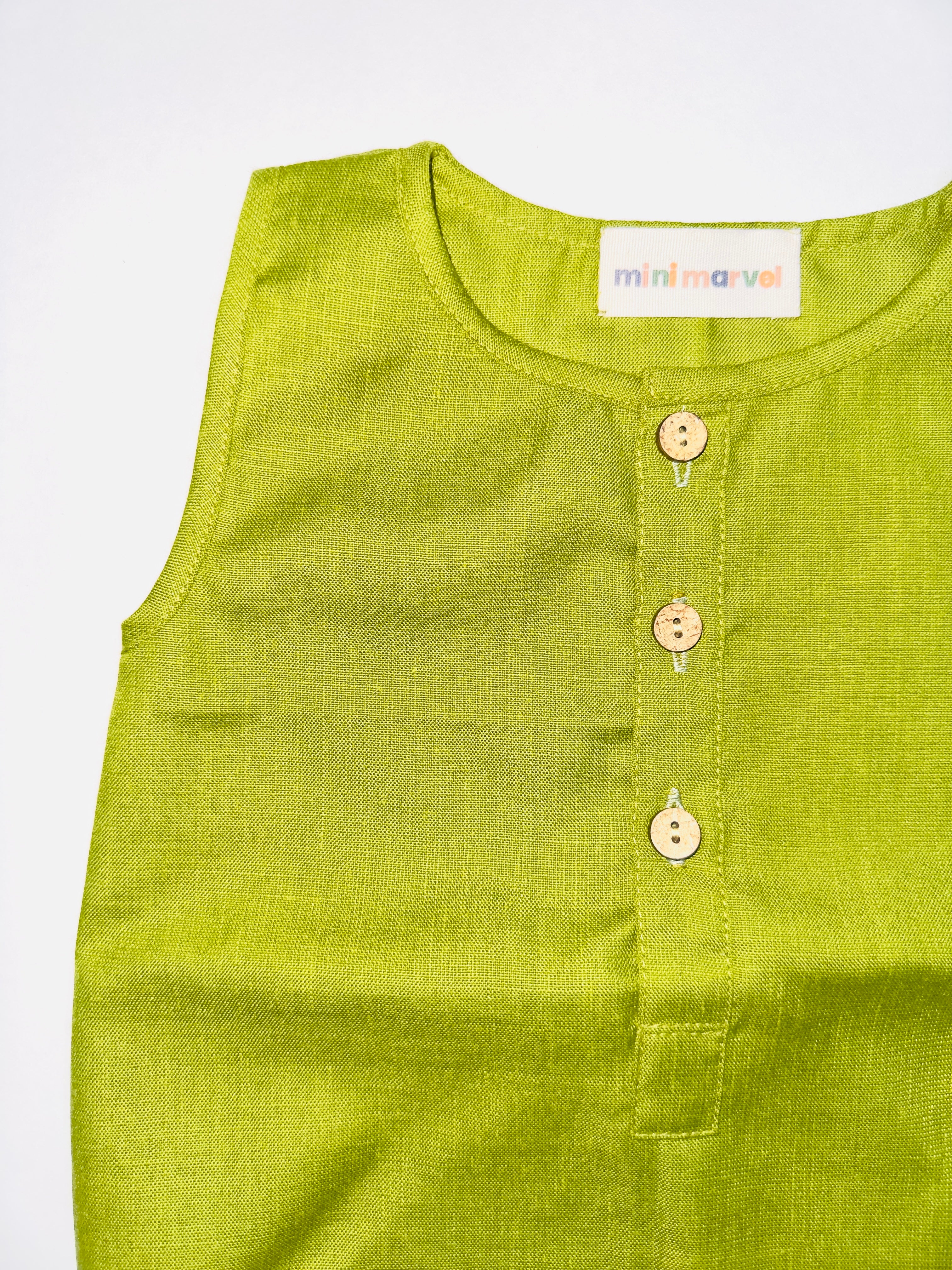 Olive Charm Baby Romper for Girls with Mustard Design and Wooden Button Details