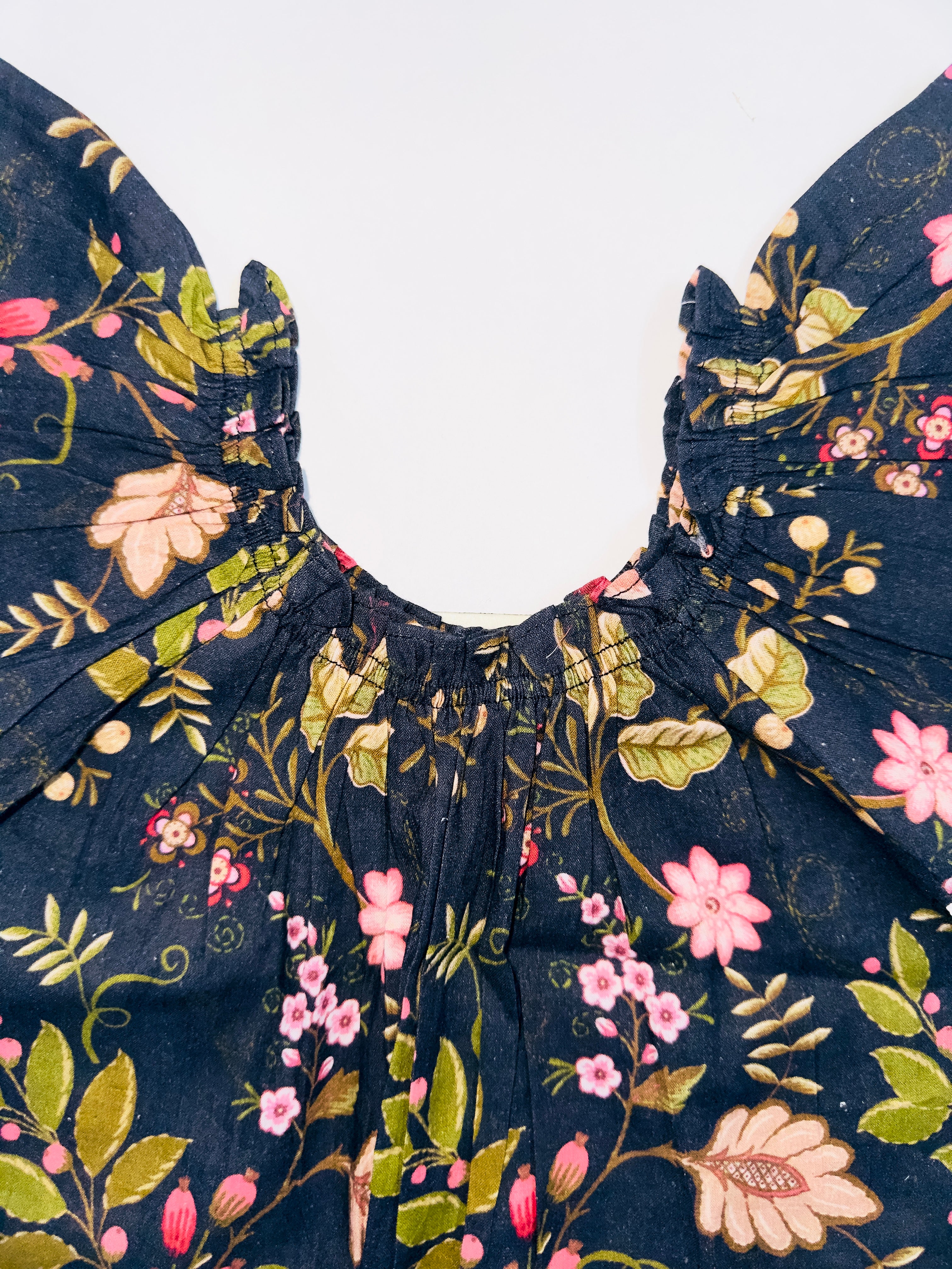 Blooming Grace Dress with Vibrant Floral Prints and Lace Sleeves