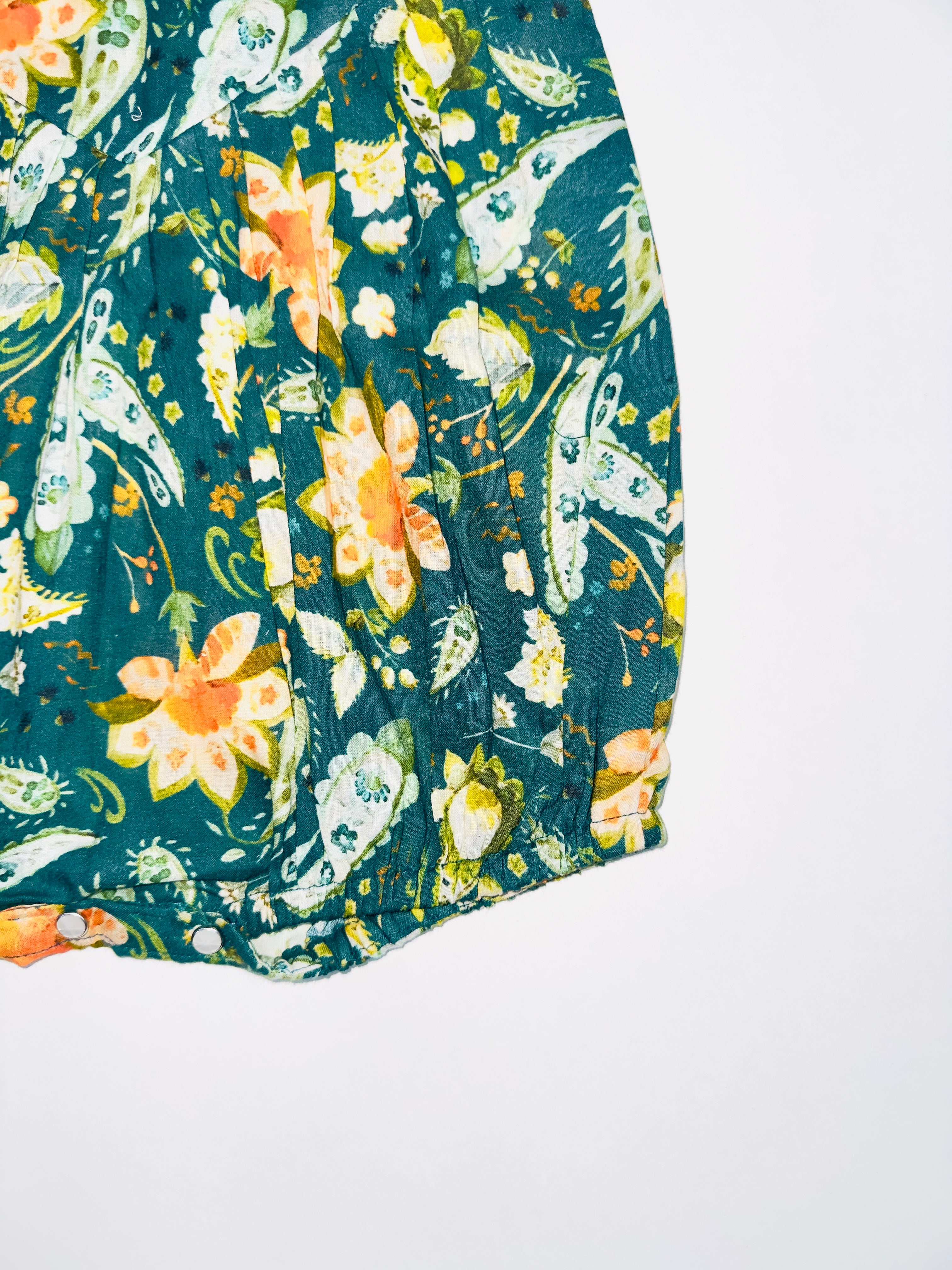 Floral Bliss Tie-Up Baby Romper for Girls with Green Floral Design and Adjustable Straps