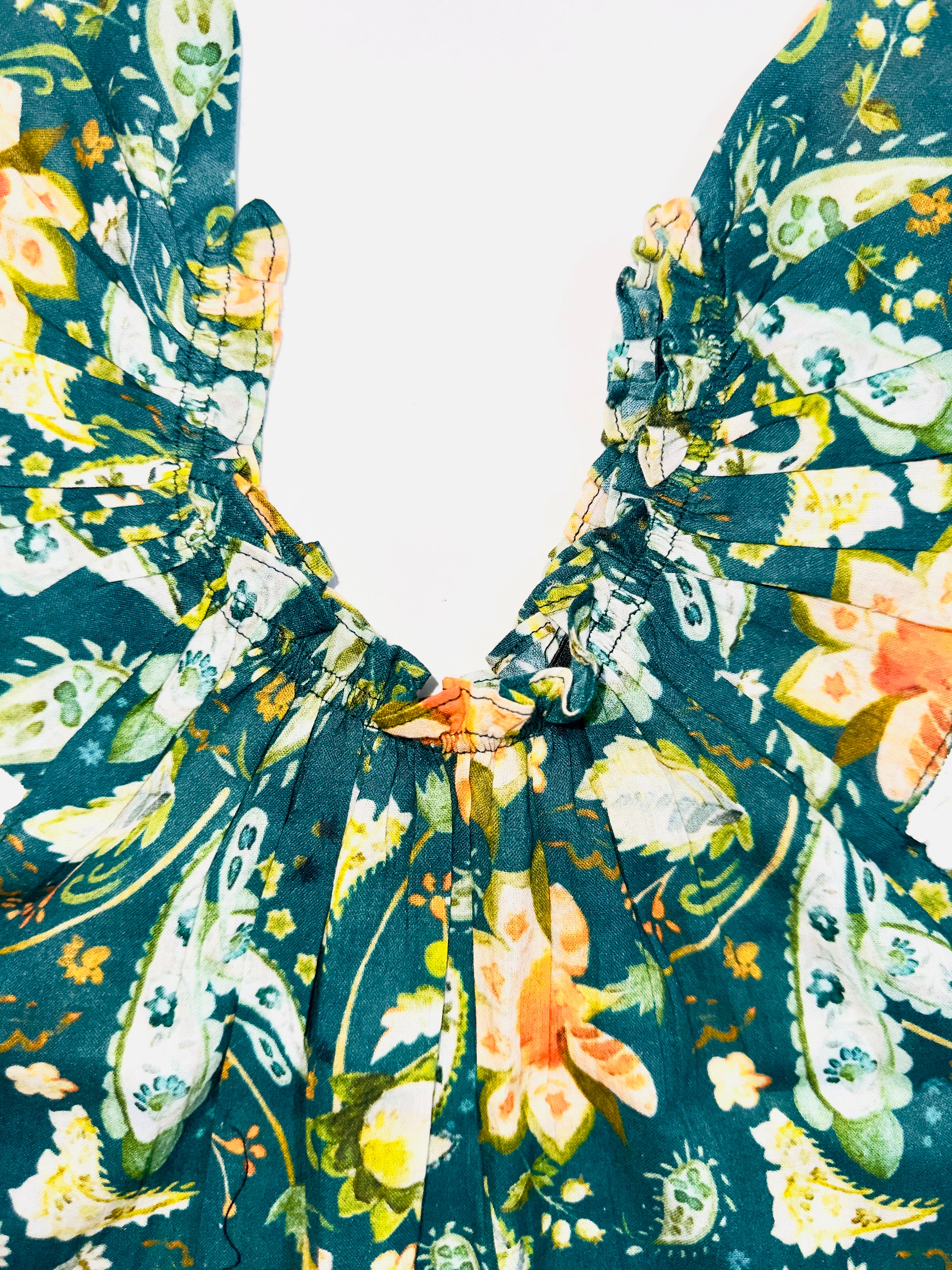 Meadow Bloom Dress for Girls with Green and Orange Floral Patterns and Lace-Trimmed Sleeves