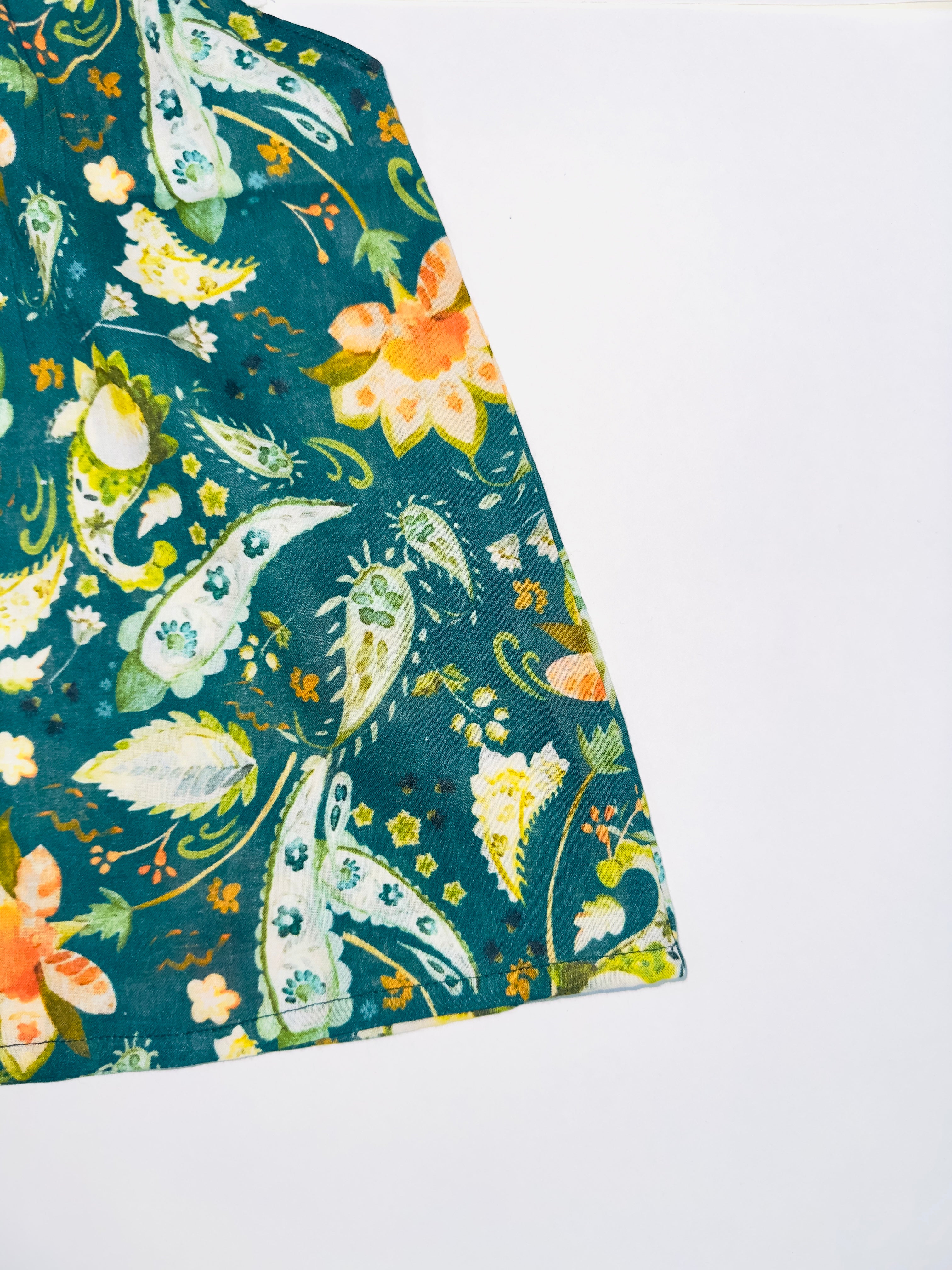 Meadow Bloom Dress for Girls with Green and Orange Floral Patterns and Lace-Trimmed Sleeves