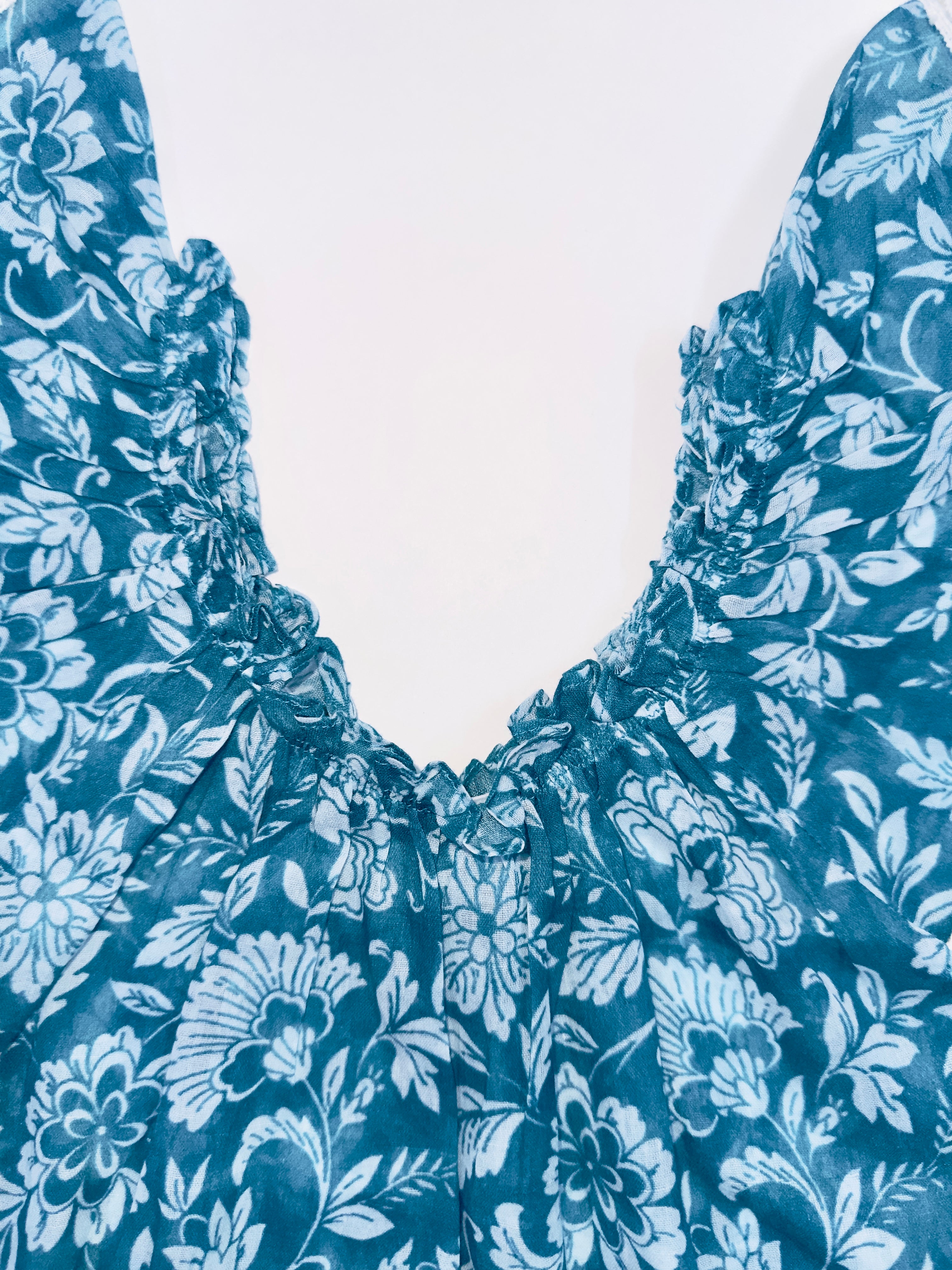 Blue Blossom Breeze Dress for Baby Girls with White Floral Print and Lace Sleeves