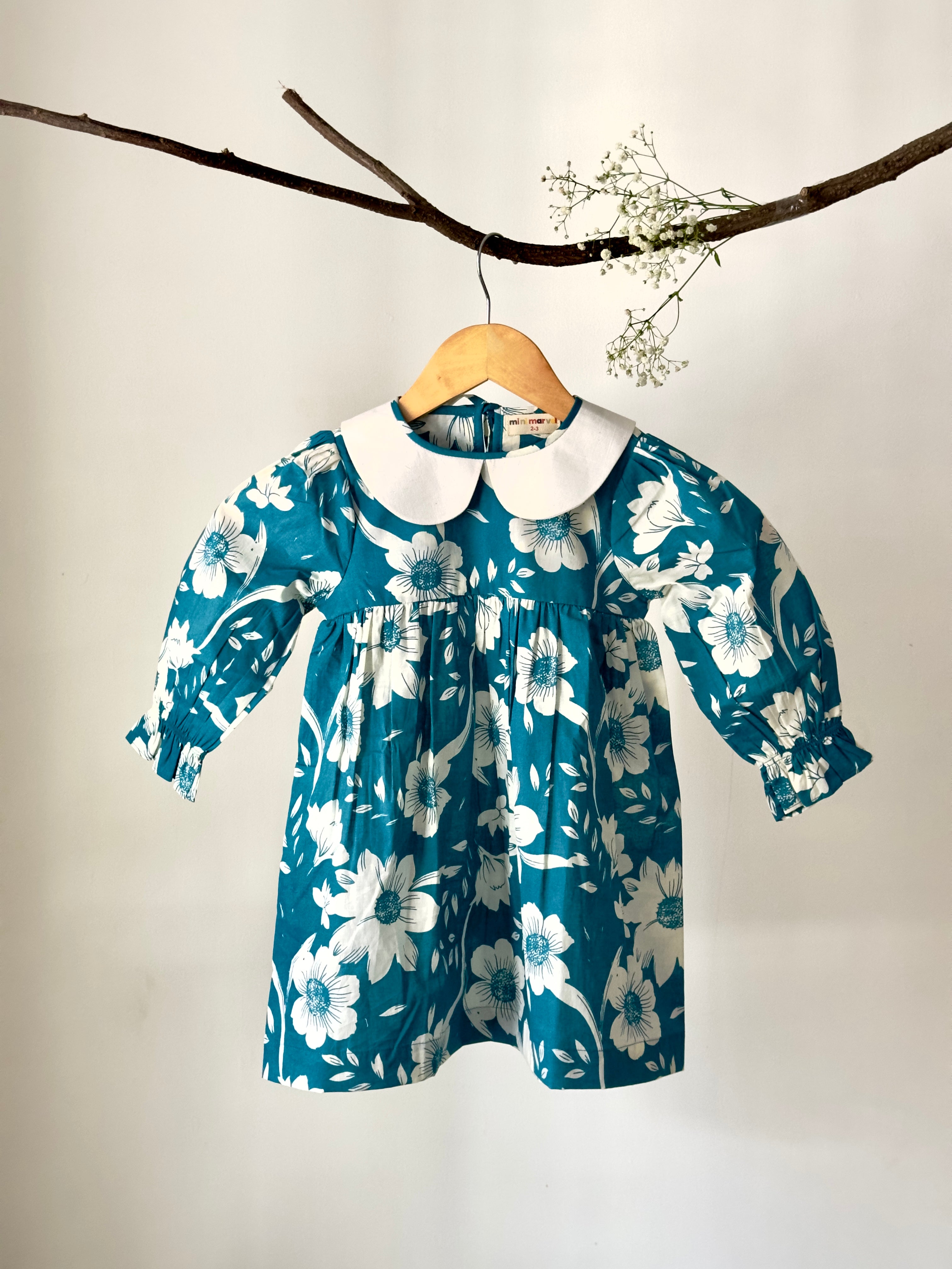 Baby girl floral Peter Pan dress in teal cotton