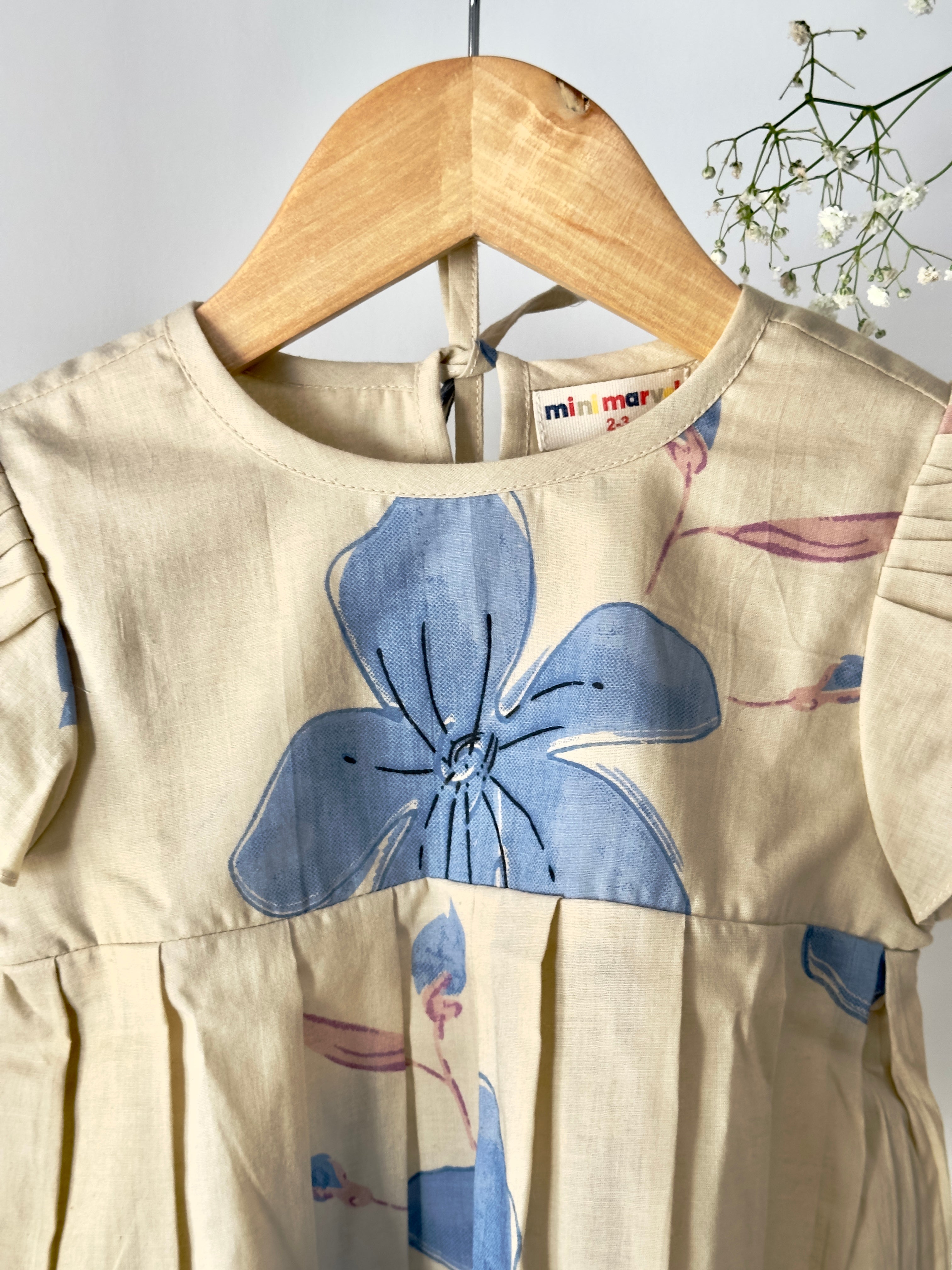 Baby girl floral ruffle co-ord set in cream and blue cotton